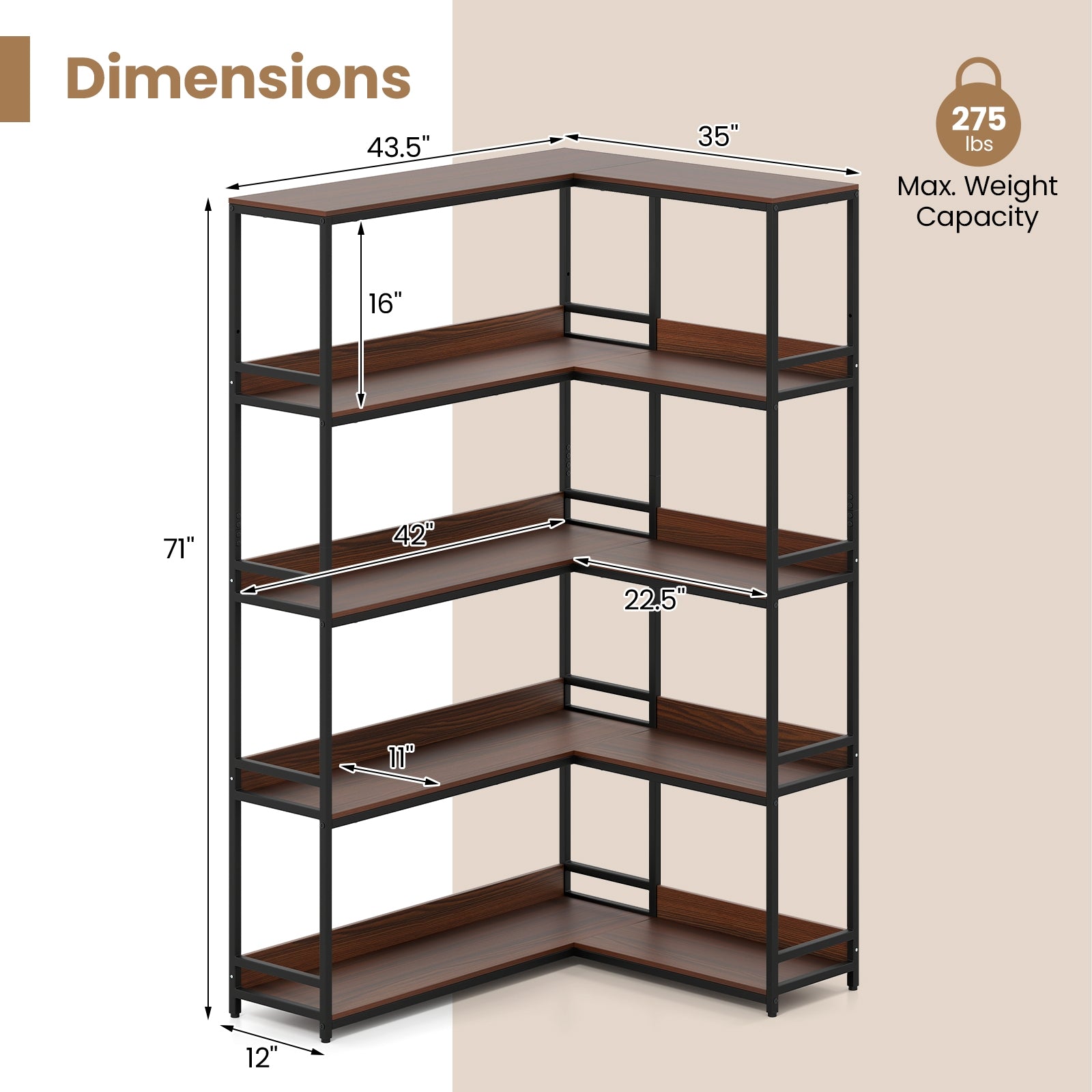Corner Bookshelf 5-Tier L-Shaped Bookcase Etagere Bookshelf with Metal Frame-Walnut