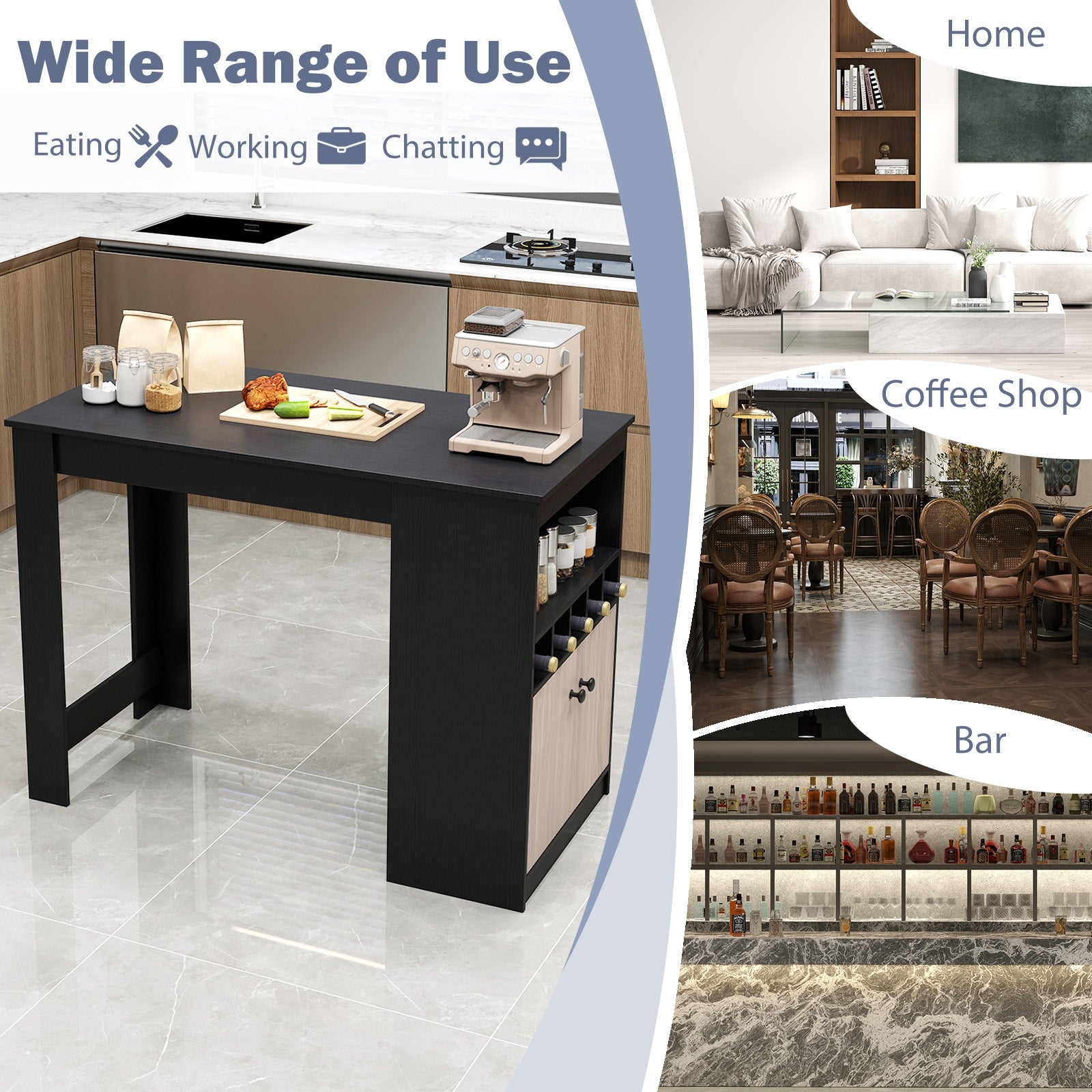 48 Inch Bar Table with Storage Cabinet and Wine Rack-Black