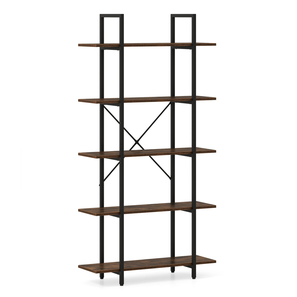 5-Tier 62 Inch Tall Vintage Industrial Bookcase with Open Storage Shelves-Rustic Brown