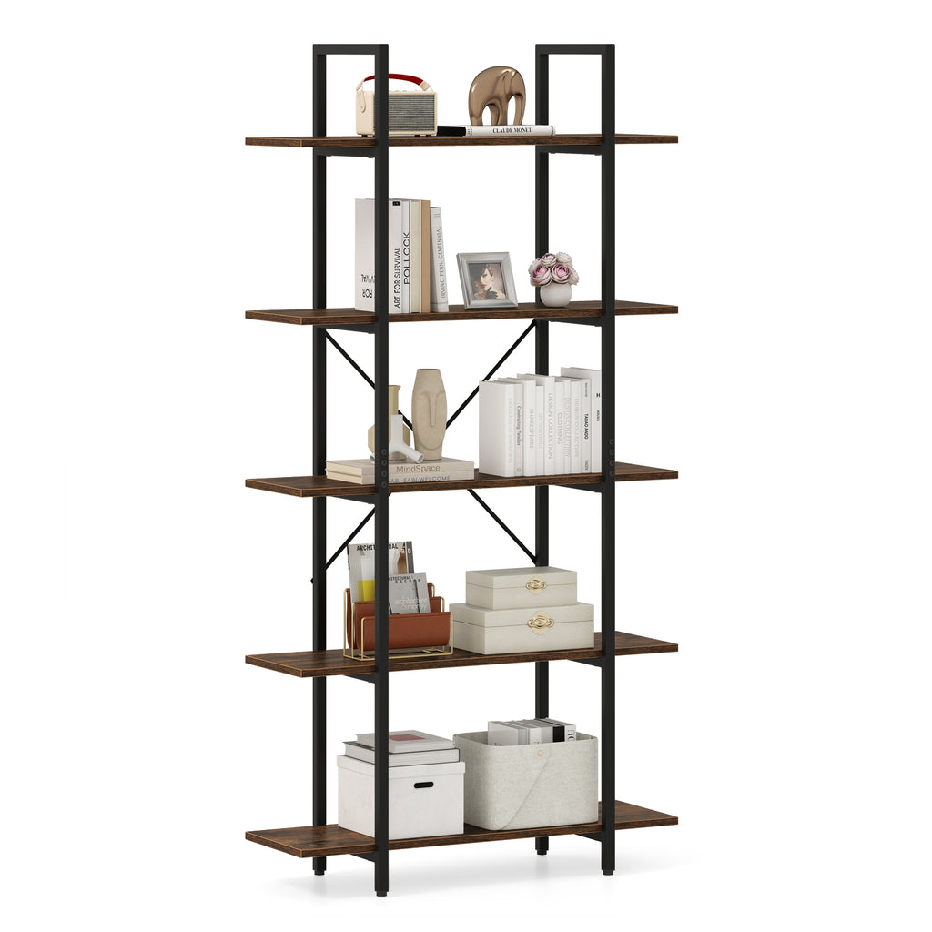 5-Tier 62 Inch Tall Vintage Industrial Bookcase with Open Storage Shelves-Rustic Brown