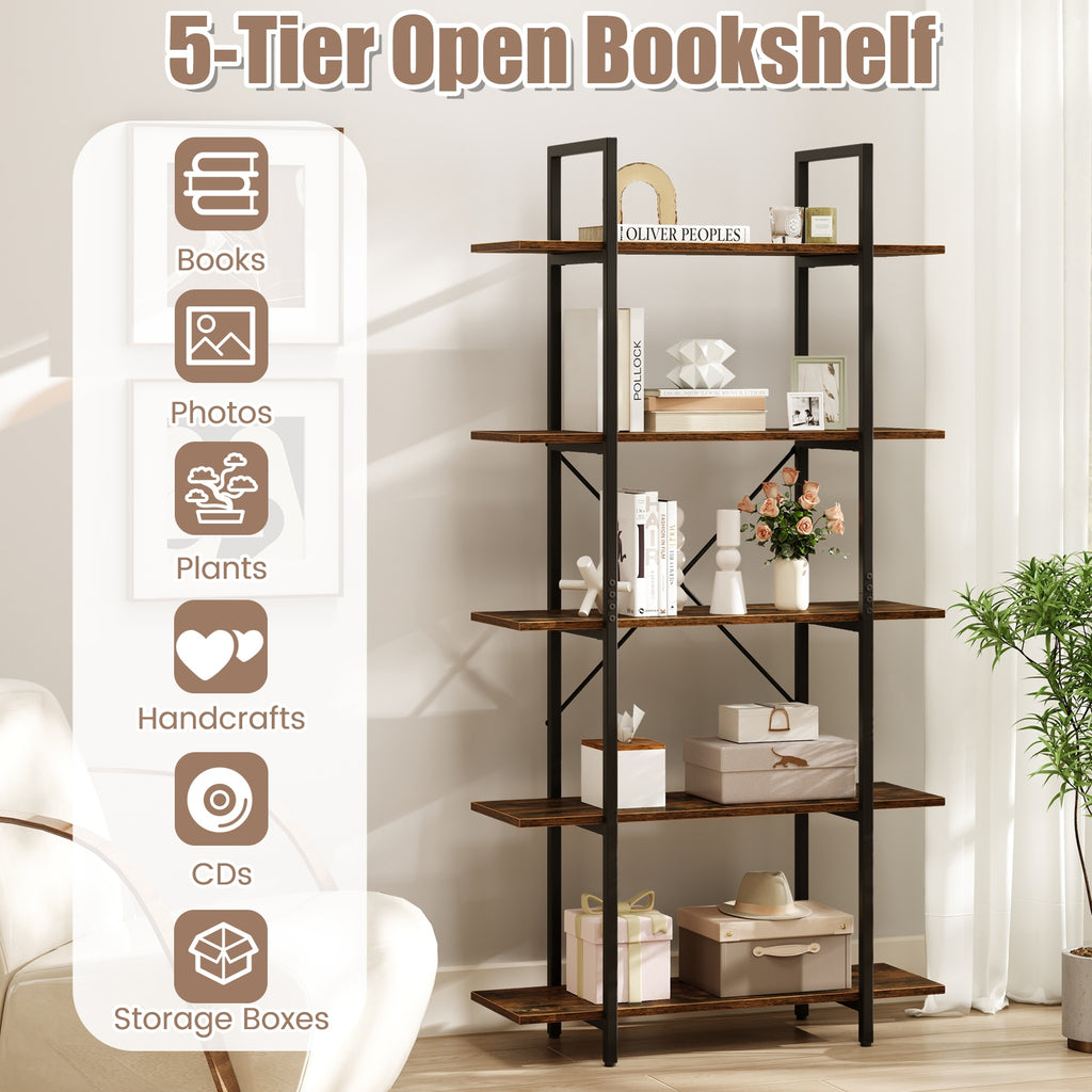 5-Tier 62 Inch Tall Vintage Industrial Bookcase with Open Storage Shelves-Rustic Brown