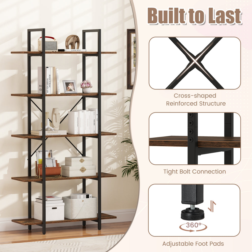 5-Tier 62 Inch Tall Vintage Industrial Bookcase with Open Storage Shelves-Rustic Brown