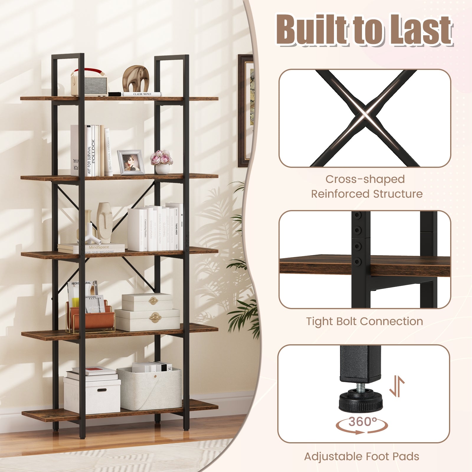 5-Tier 62 Inch Tall Vintage Industrial Bookcase with Open Storage Shelves-Rustic Brown