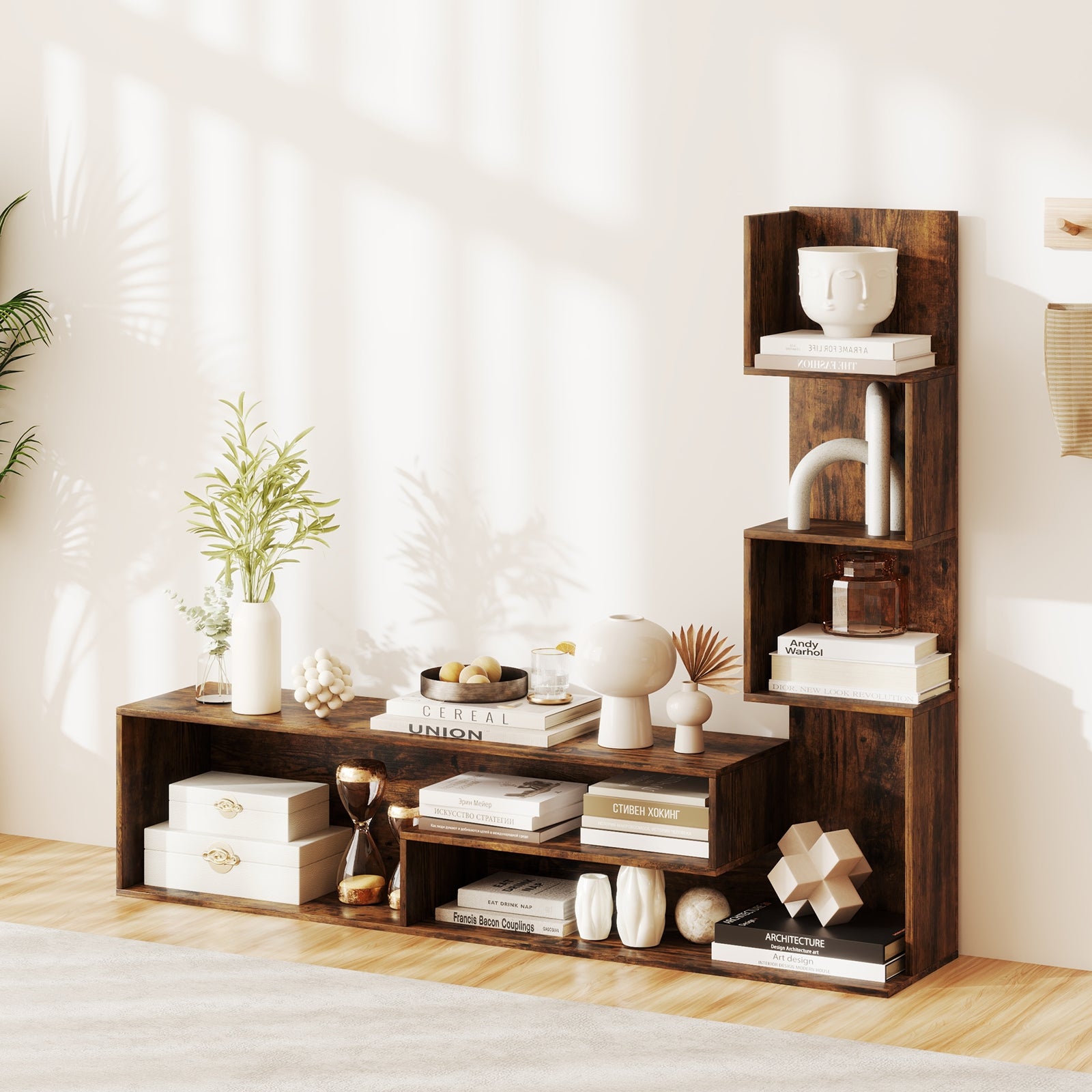 Cube TV Stand for TVs up to 50 Inch Media Console Table with Storage Shelves-Rustic Brown