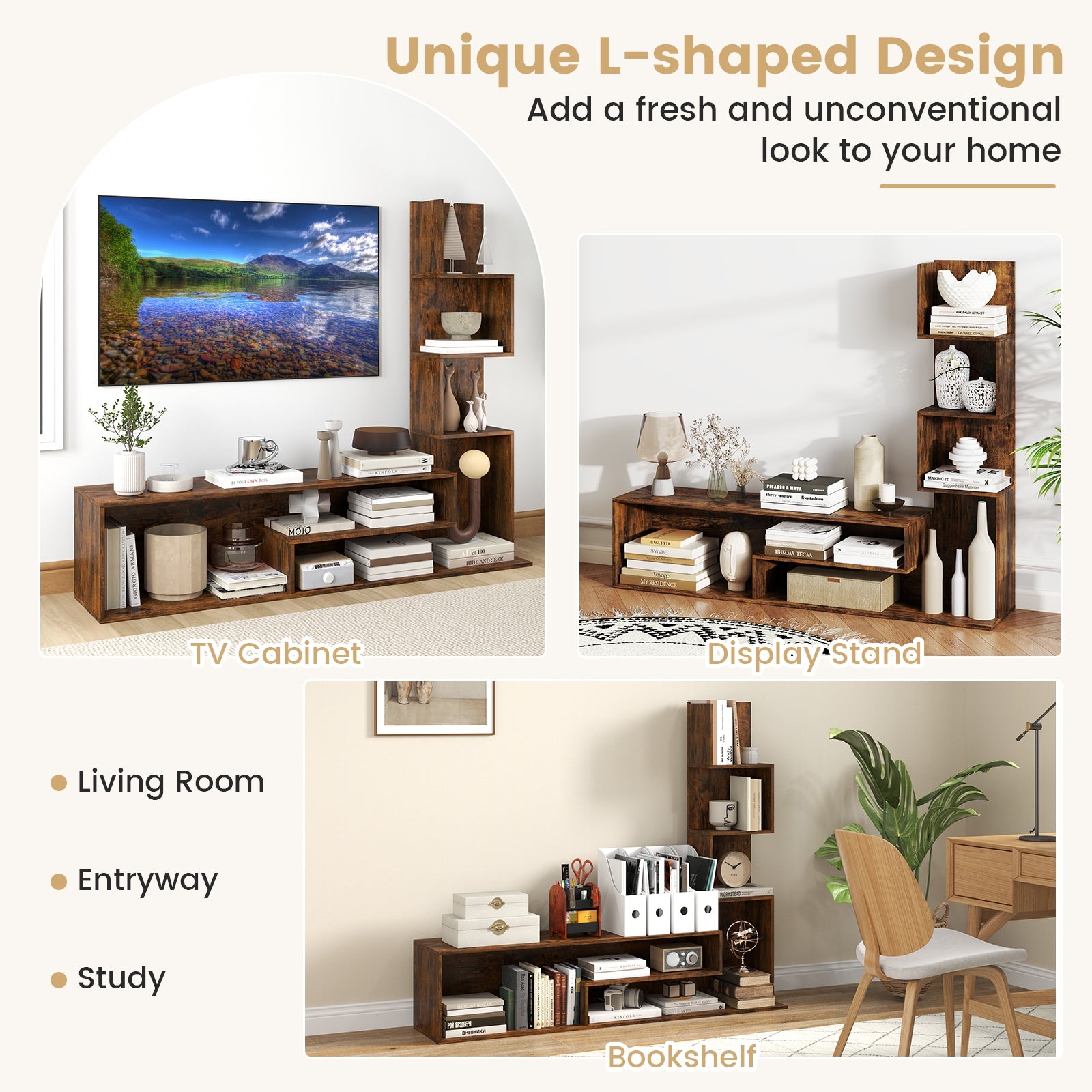 Cube TV Stand for TVs up to 50 Inch Media Console Table with Storage Shelves-Rustic Brown