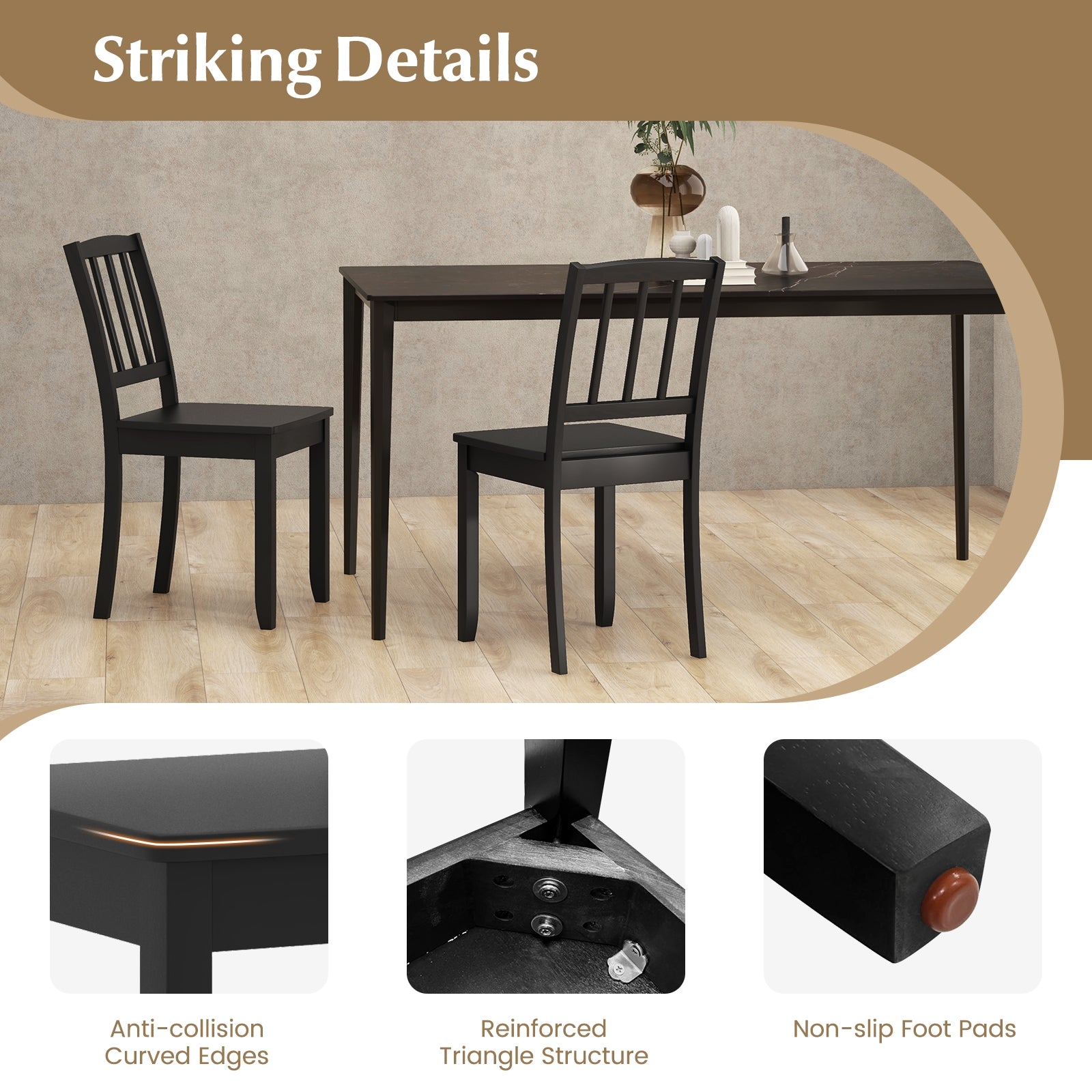 Wood Dining Chair Set of 2 with Rubber Wood Legs-Black