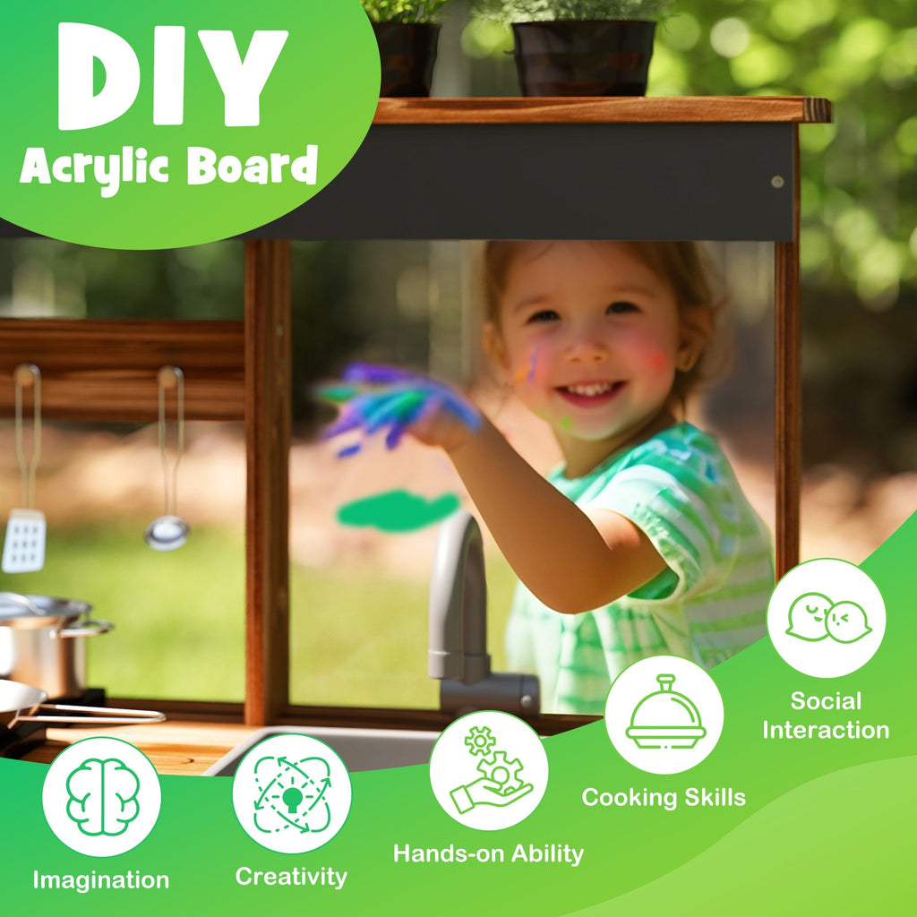 Mud Kitchen Fir Wood Play Kitchen with 4 Panting Pots Faucet Removable Sink-Natural