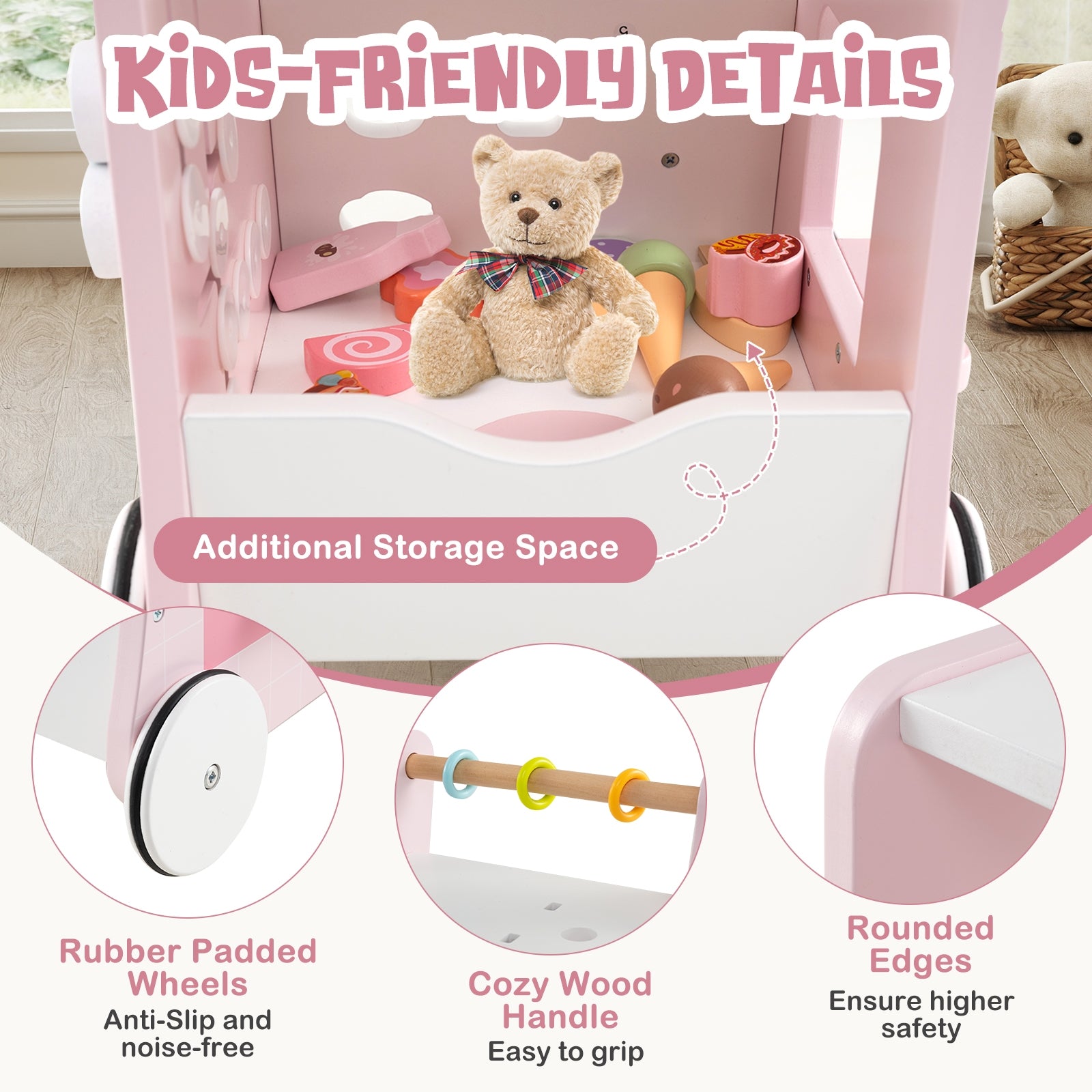 2-in-1 Baby Walker with Storage and Ice Creams for 1+ Years Old-Pink