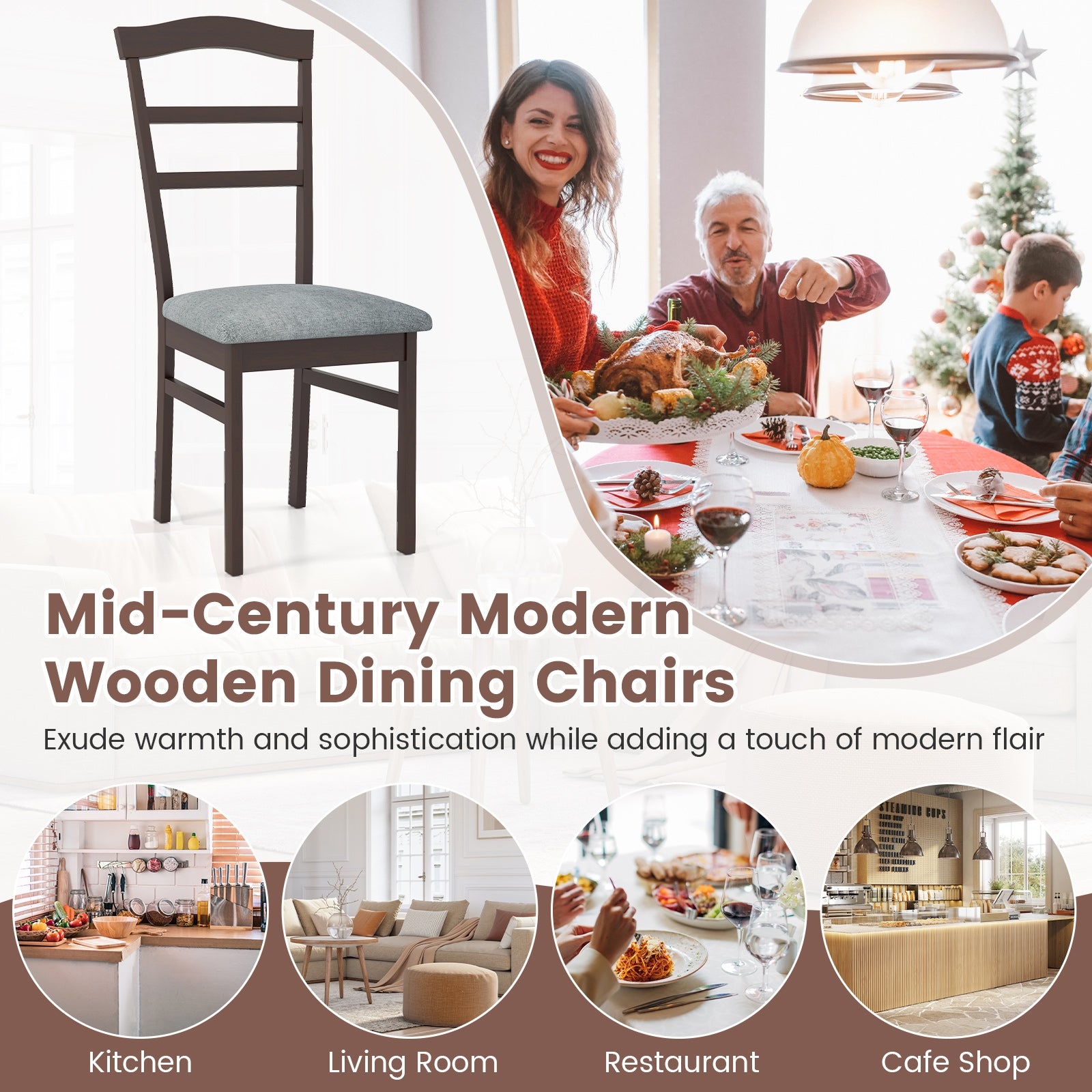 Wooden Dining Chair Set of 2 Linen Fabric Upholstered Kitchen Chairs Farmhouse Side Accent Chairs