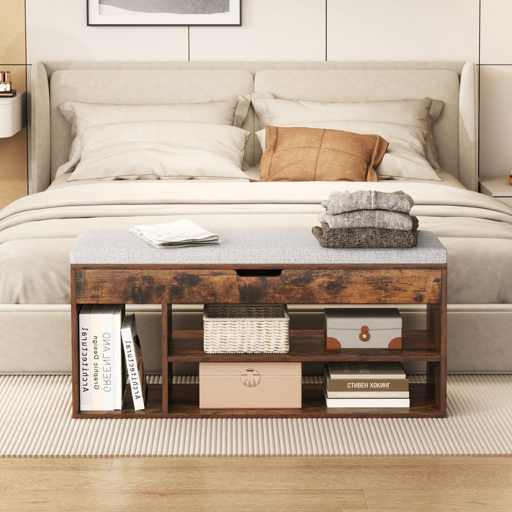 Padded Seat Shoe Bench with Hidden Storage and 3 Open Shelves-Coffee