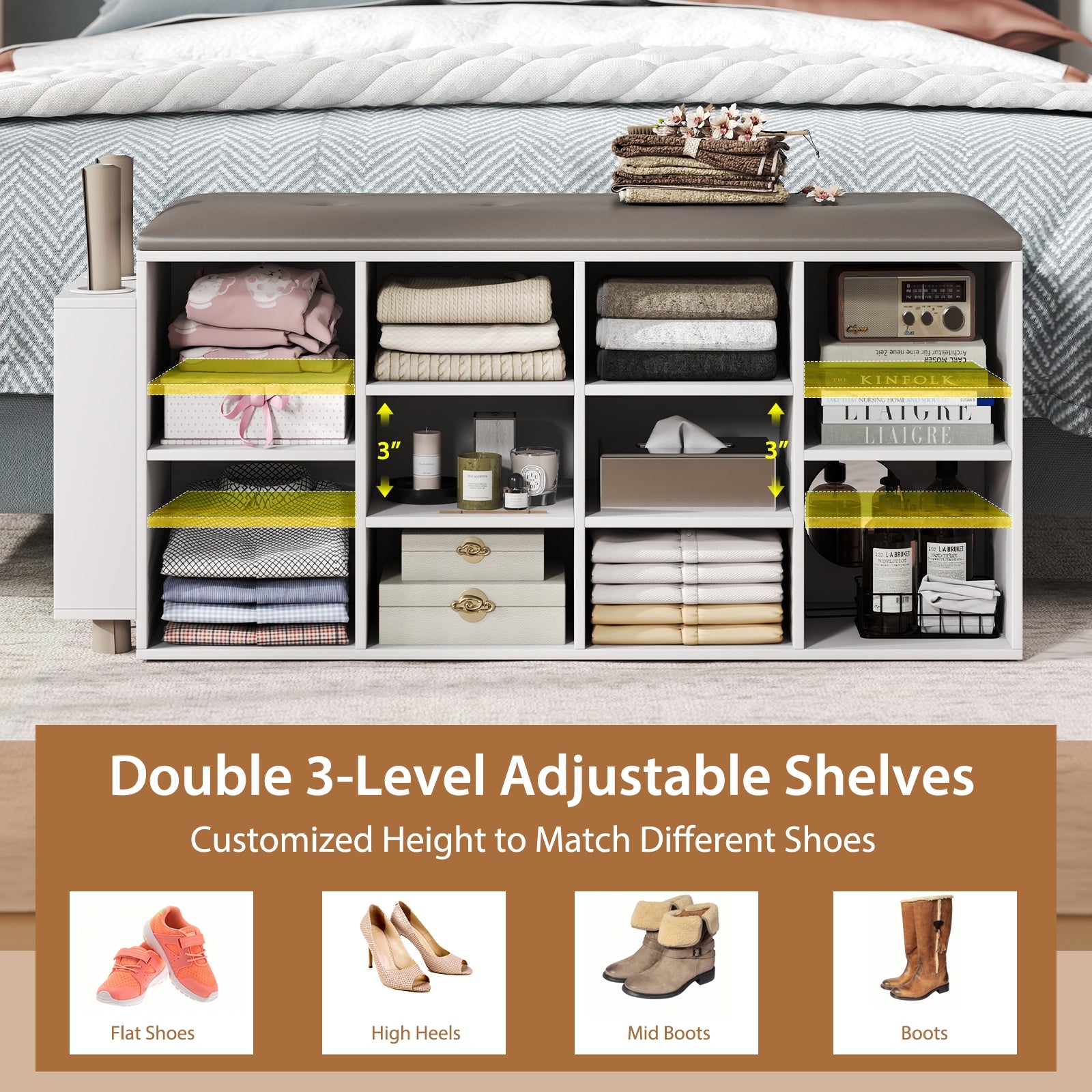 Shoe Storage Bench with Umbrella Stand and Adjustable Shelf-White