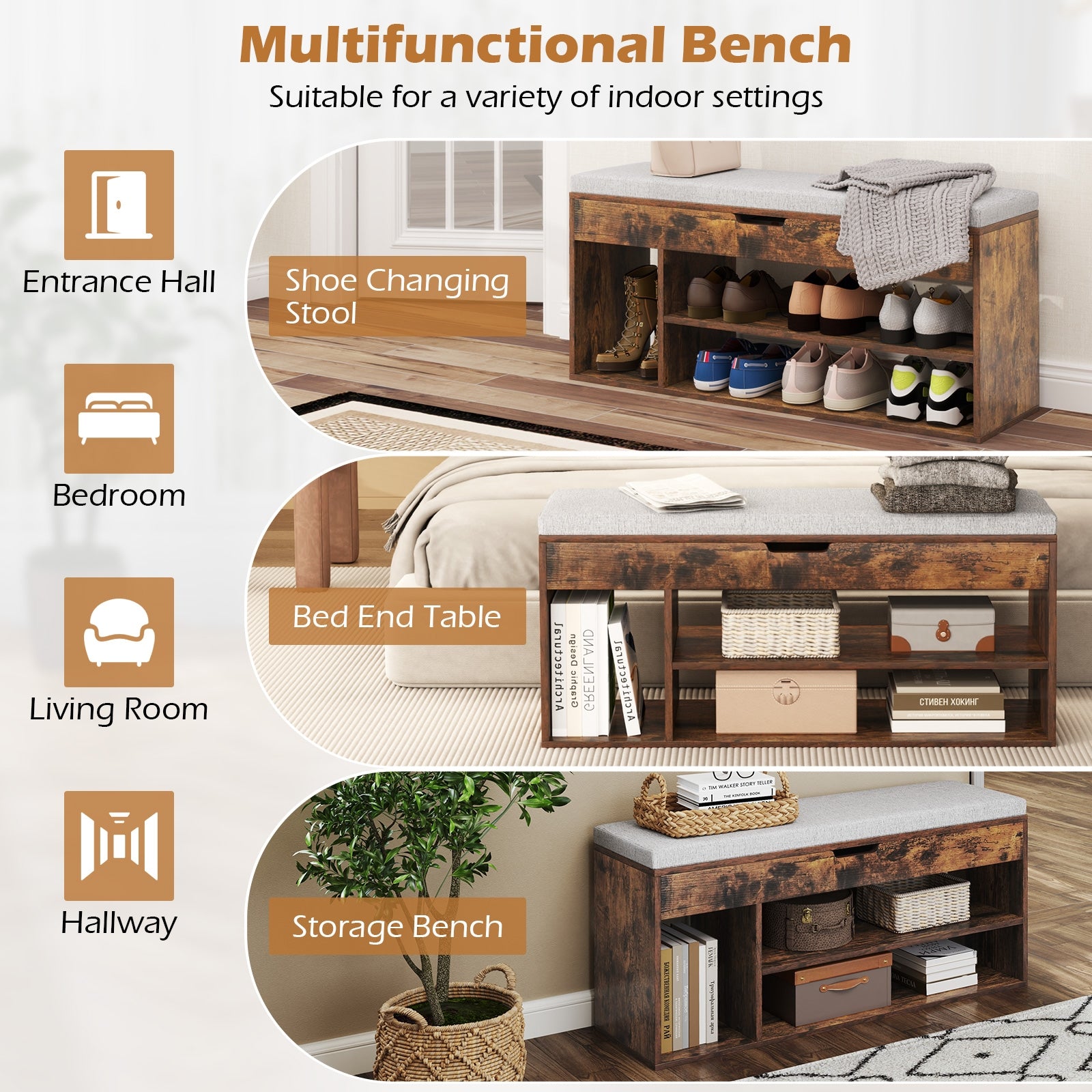 Padded Seat Shoe Bench with Hidden Storage and 3 Open Shelves-Coffee