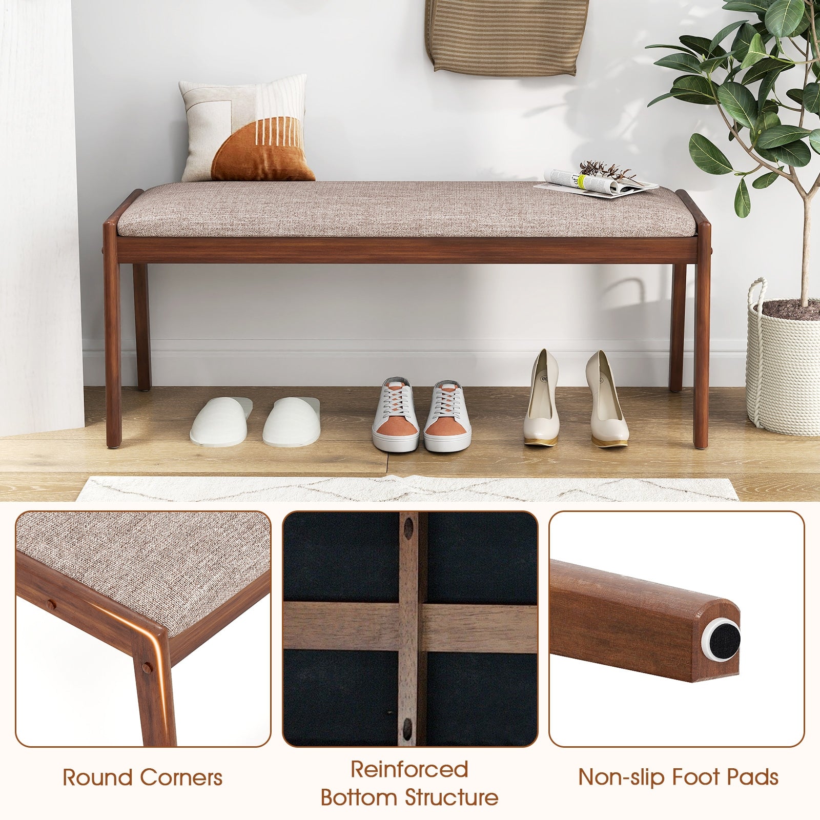 45 Inch Farmhouse Backless Bench with Rubber Wood Legs and Fabric Padded Seat-Beige