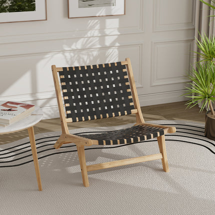 Modern Armless Teak Wood Lounge Chair with Nylon Woven Backrest and Seat-Black