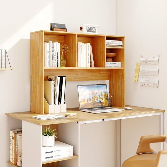 Computer Desktop Bookcase with 4 Cubbies and Open Back Compartment-Beige