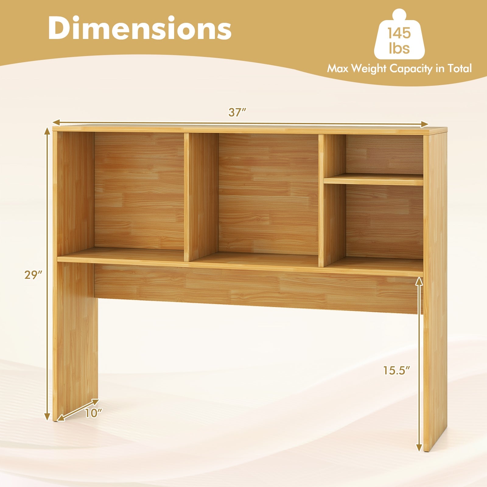 Computer Desktop Bookcase with 4 Cubbies and Open Back Compartment-Beige