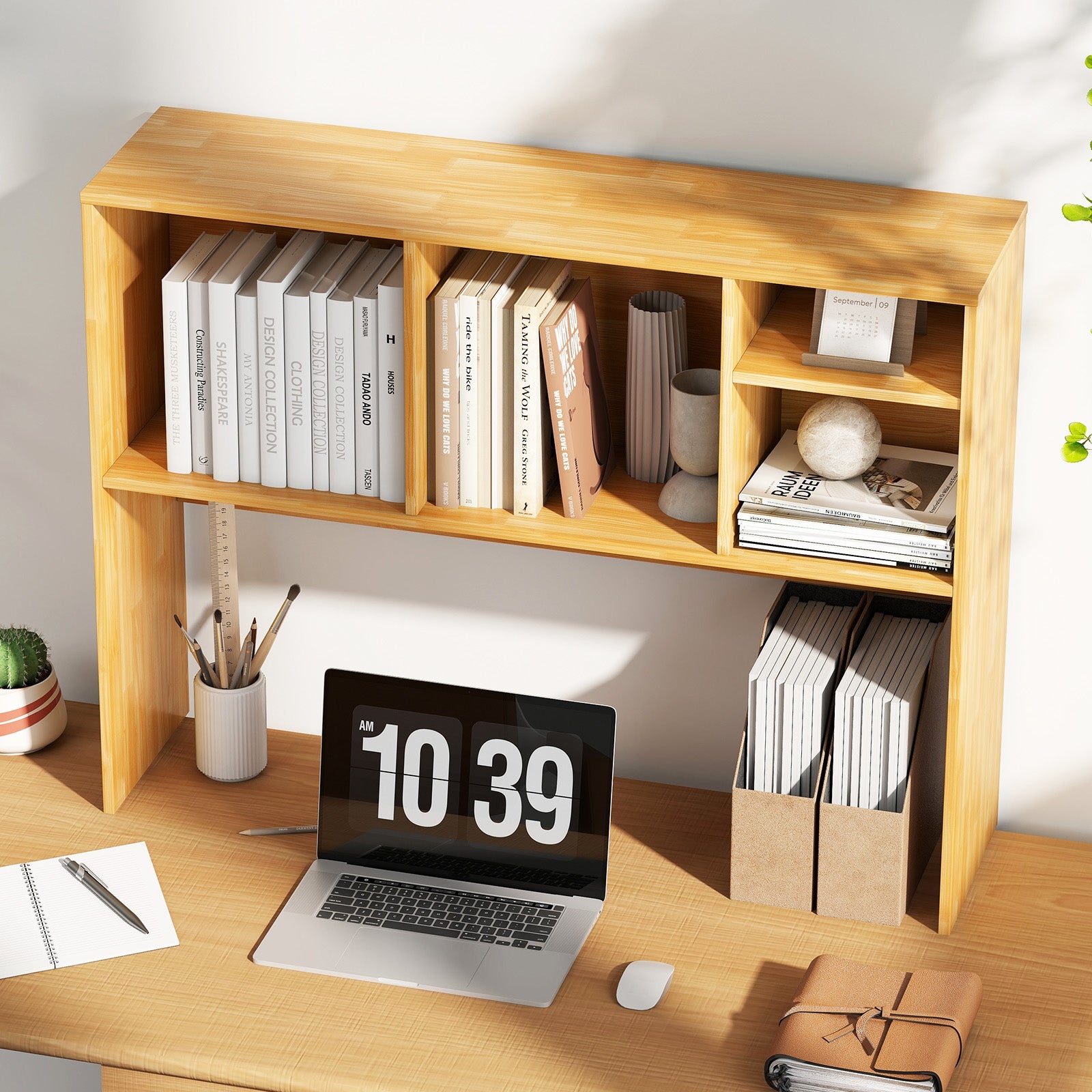 Computer Desktop Bookcase with 4 Cubbies and Open Back Compartment-Beige