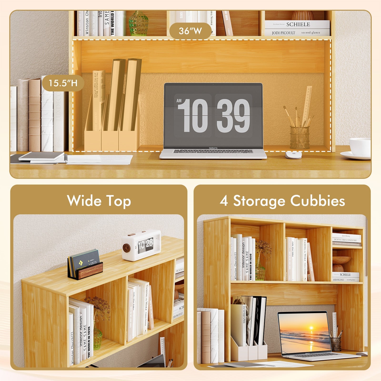 Computer Desktop Bookcase with 4 Cubbies and Open Back Compartment-Beige