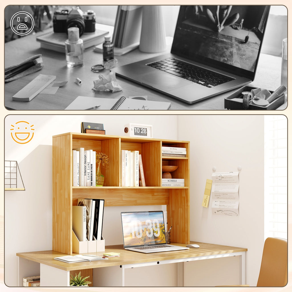 Computer Desktop Bookcase with 4 Cubbies and Open Back Compartment-Beige