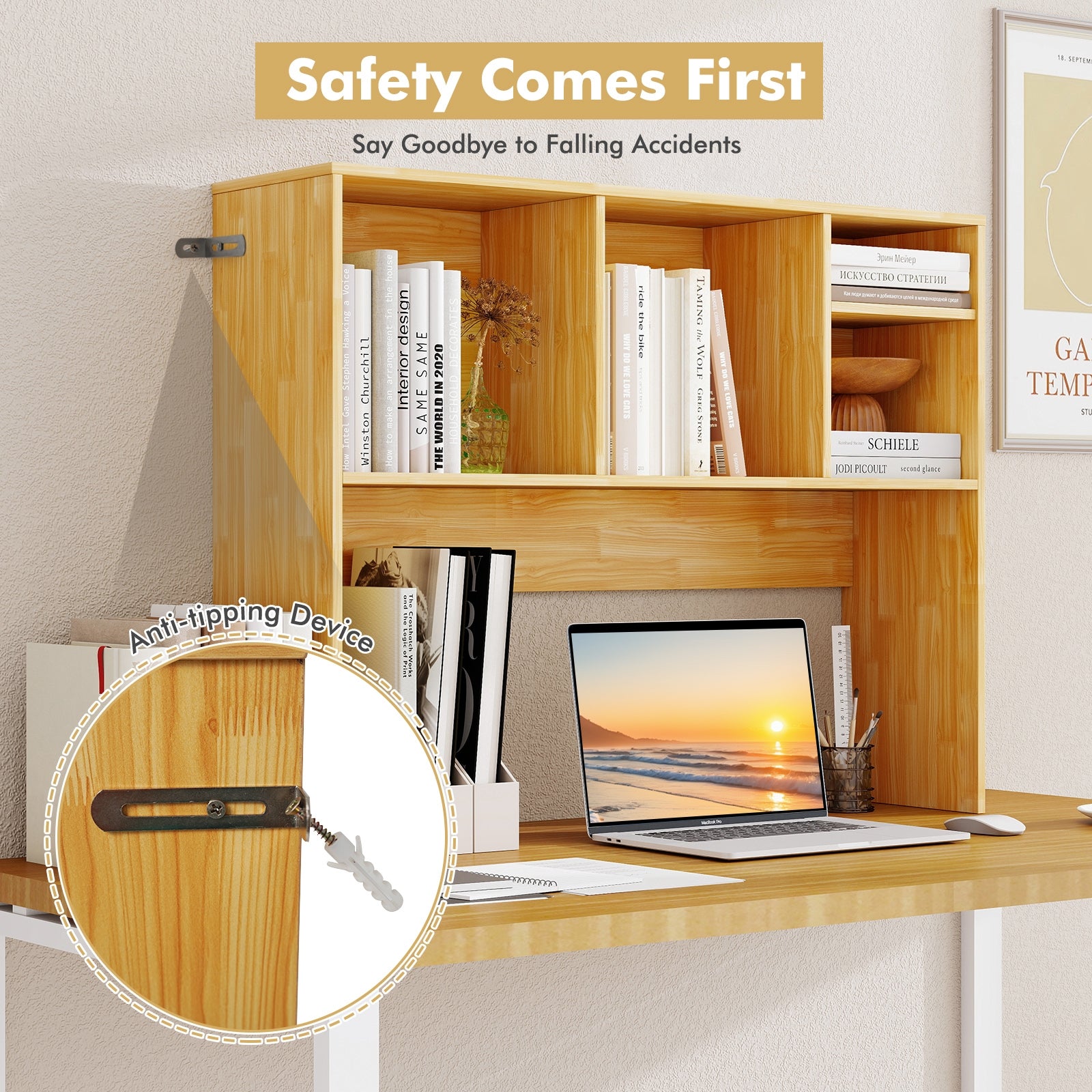 Computer Desktop Bookcase with 4 Cubbies and Open Back Compartment-Beige