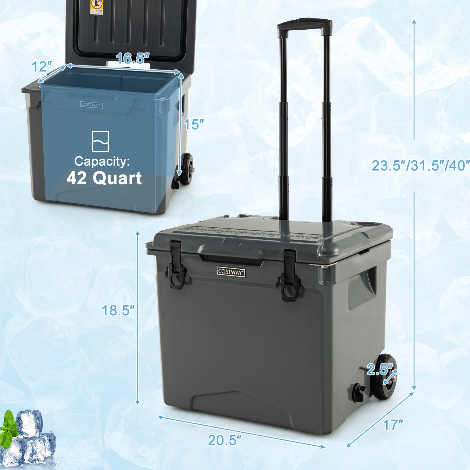 Glacière rigide 40 litres avec roulettes et poignée