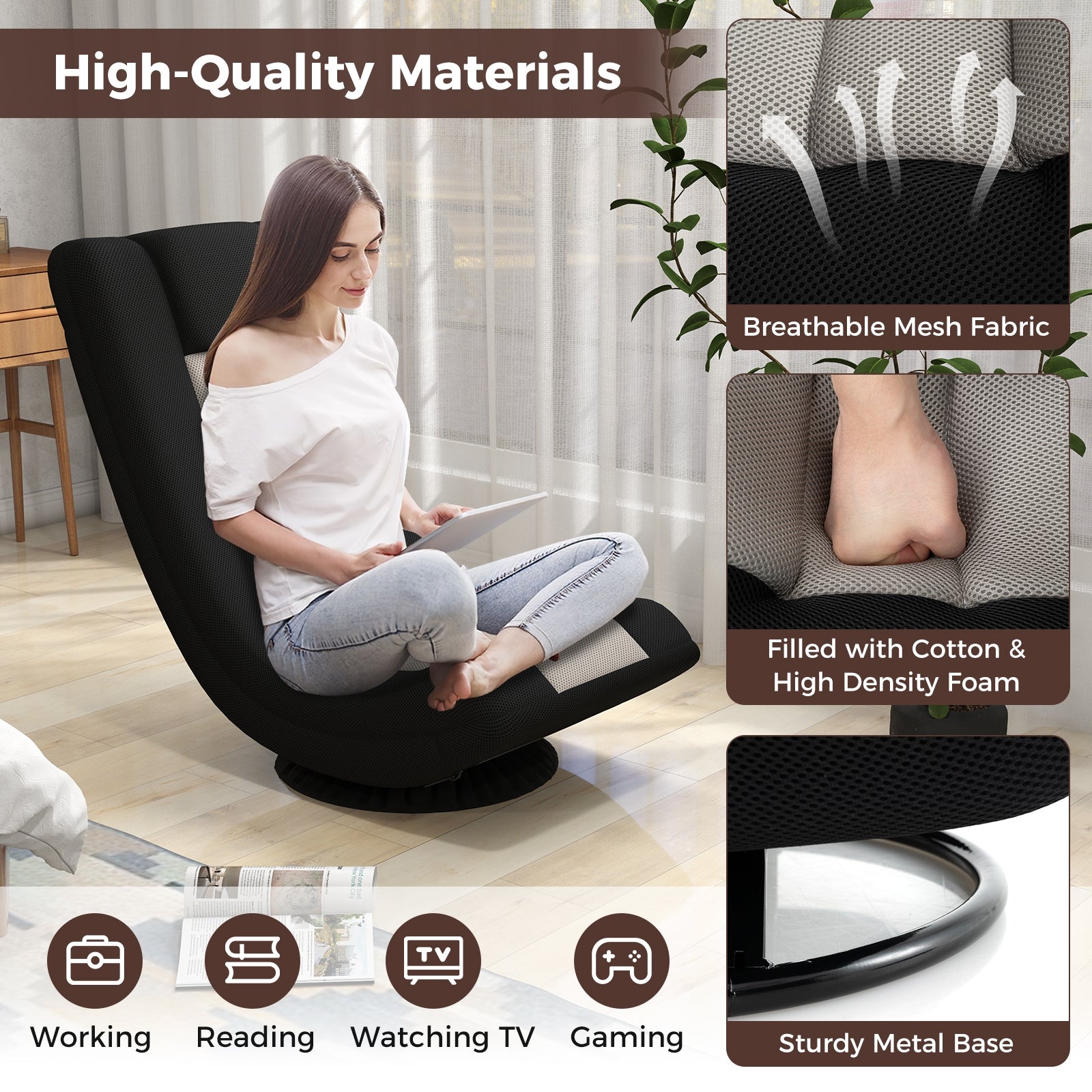 360Â° Swivel Gaming Chair with 4 Adjustable Position-Black and Gray
