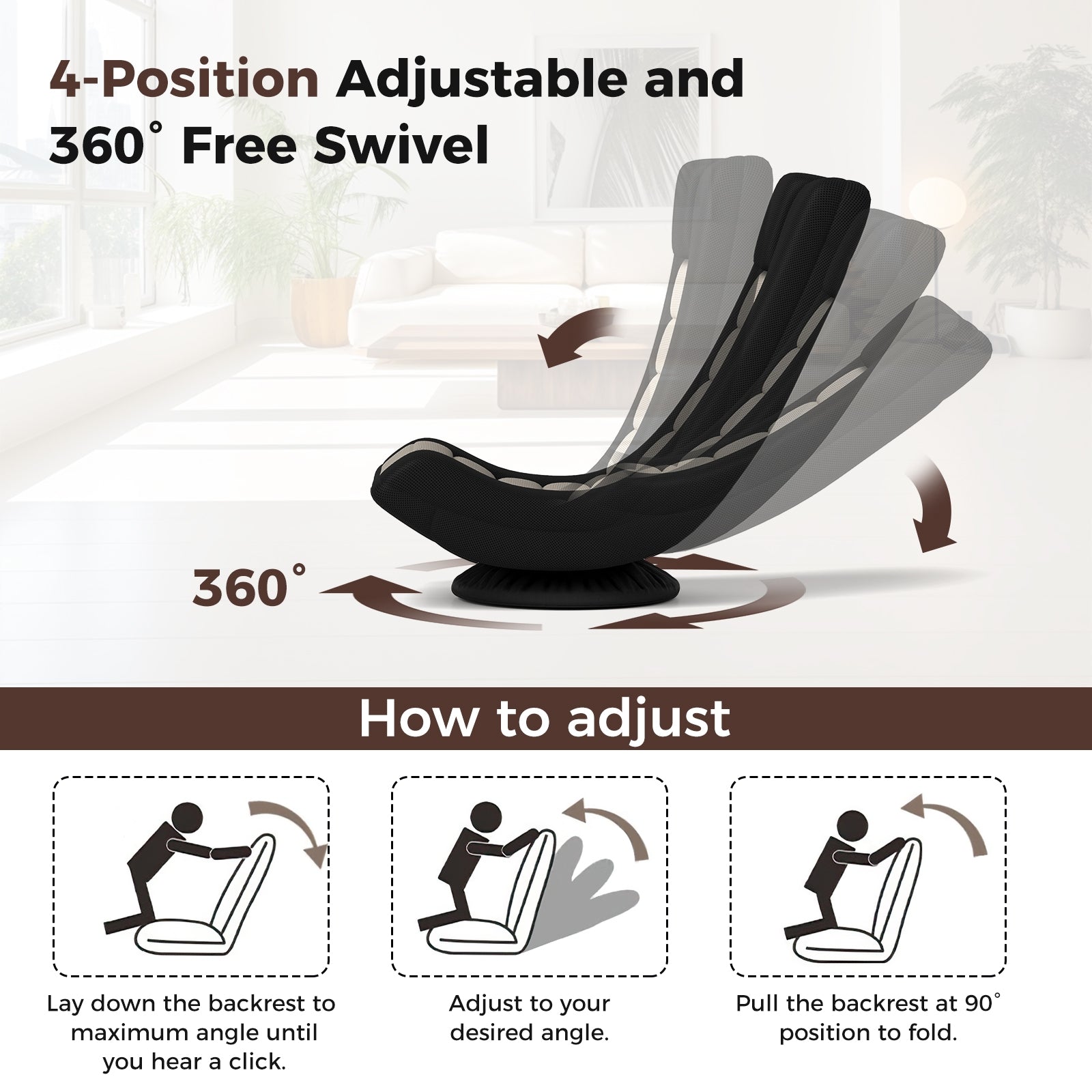 360Â° Swivel Gaming Chair with 4 Adjustable Position-Black and Gray