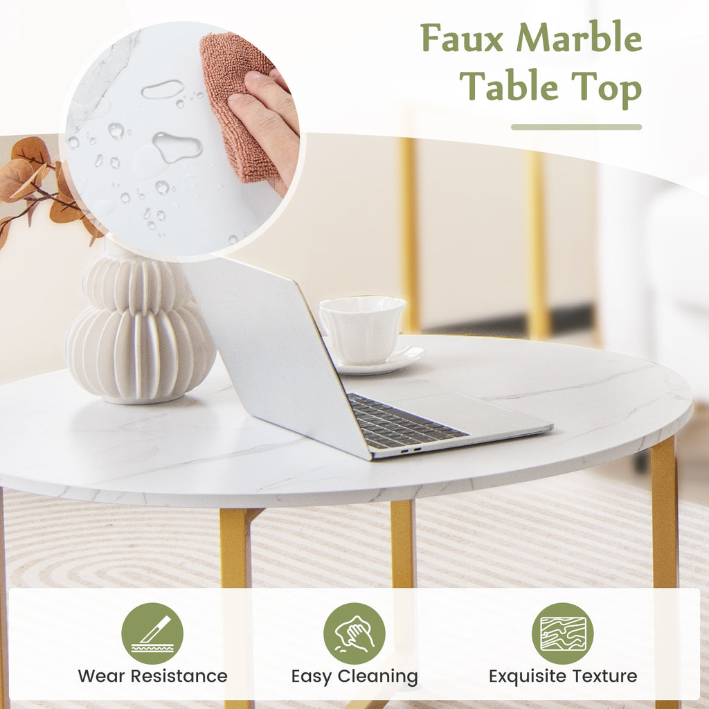 3-Piece Coffee Table Set Round Coffee Table and 2PCS Square End Tables-White and Gold