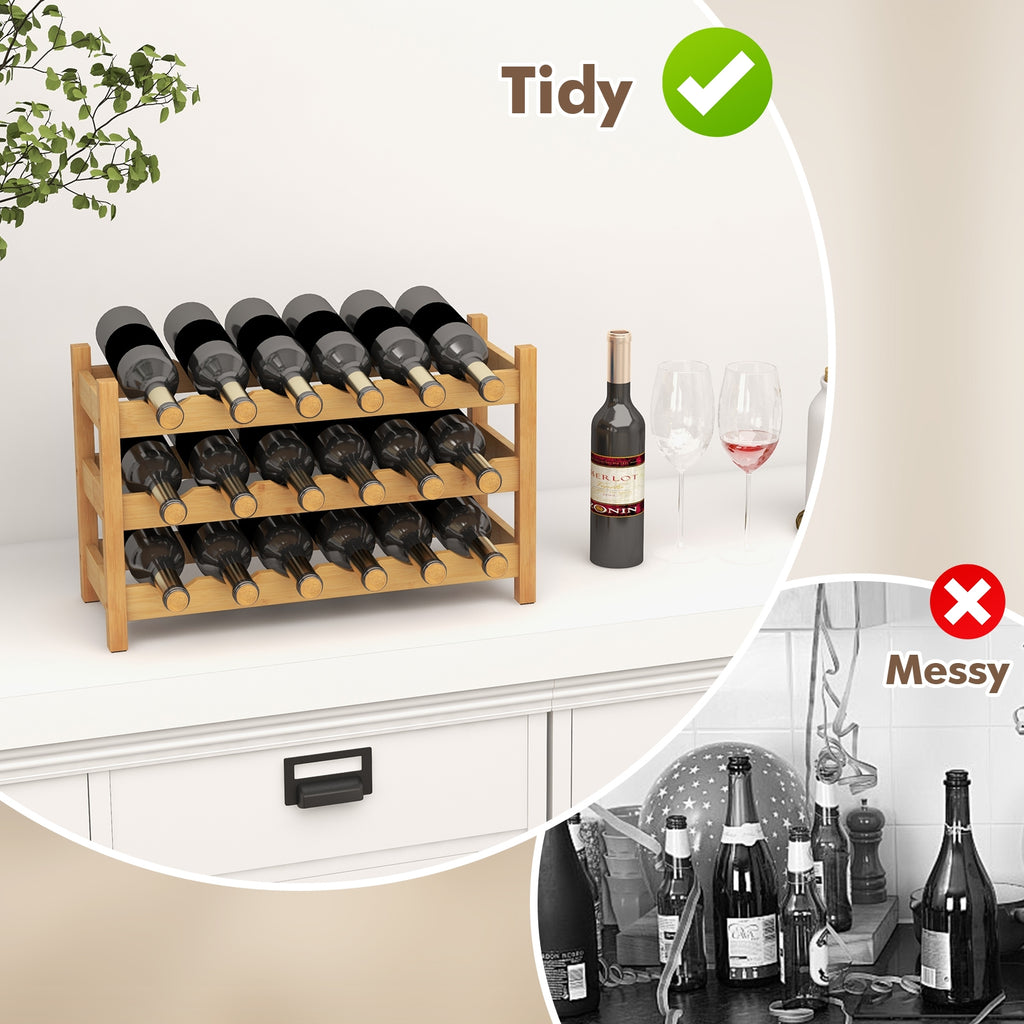 3-Tier Bamboo Freestanding Countertop Wine Bottle Organizer-Natural