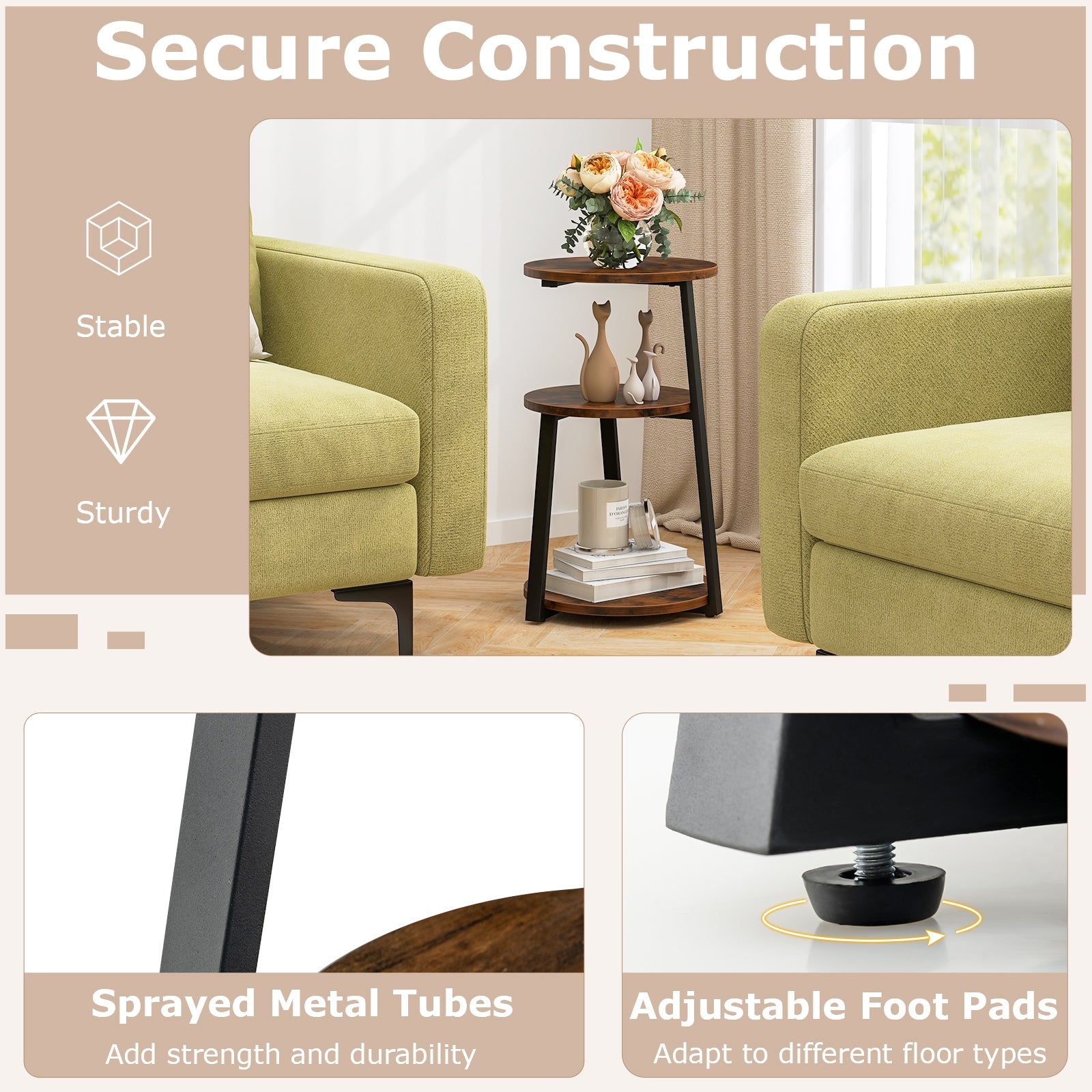 3-Tier Accent Round Side Table with Metal Frame-1 Piece