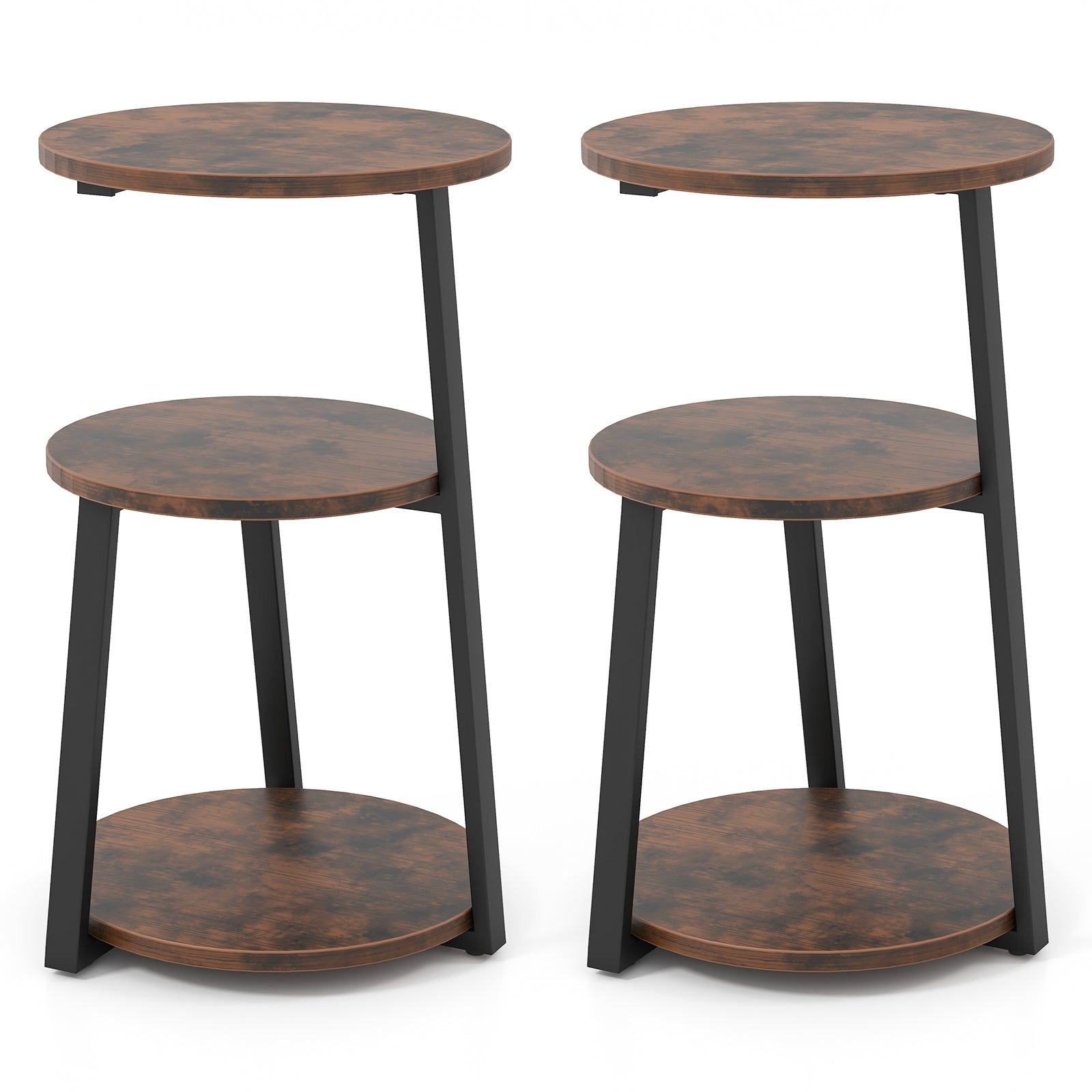 3-Tier Accent Round Side Table with Metal Frame-Set of 2