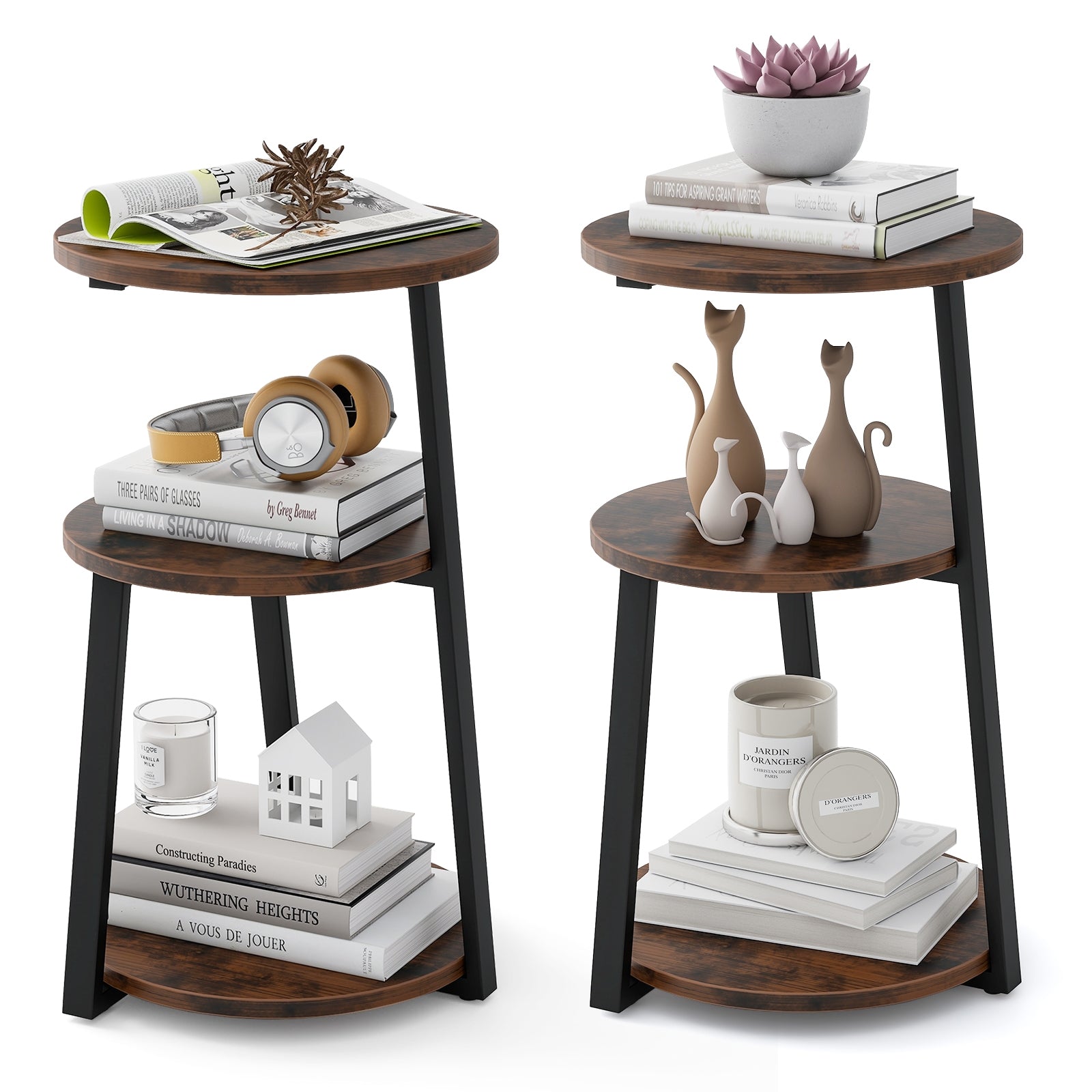 3-Tier Accent Round Side Table with Metal Frame-Set of 2