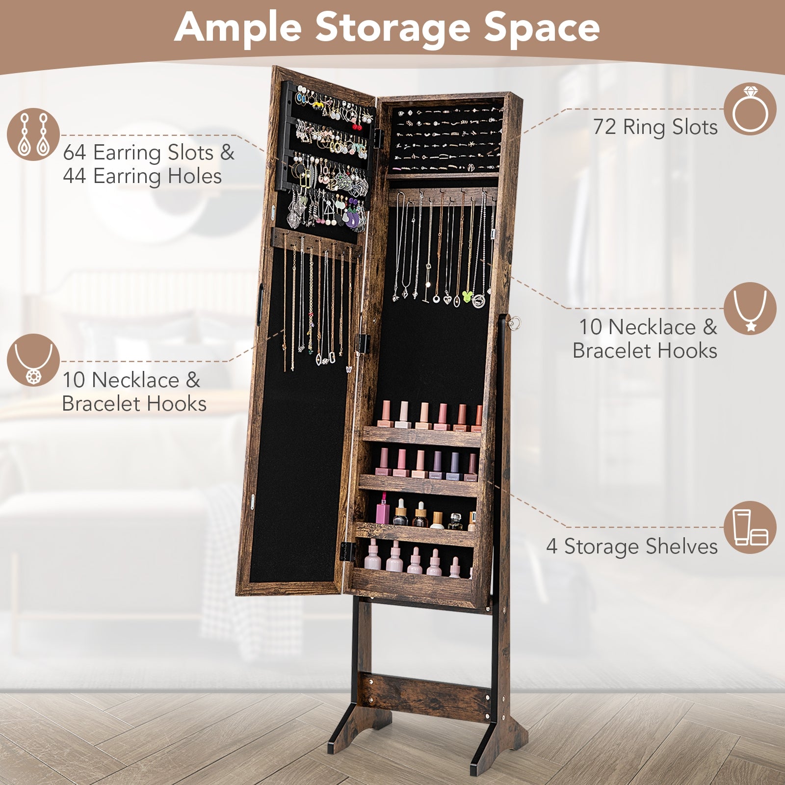 Mirrored Standing Jewelry Cabinet Storage Box-Brown