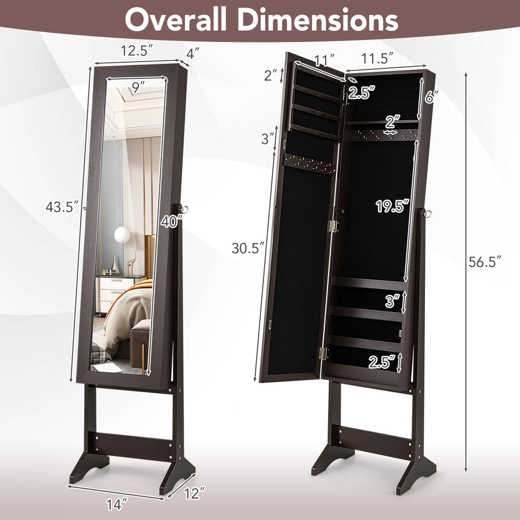 Mirrored Standing Jewelry Cabinet Storage Box-Rustic Brown