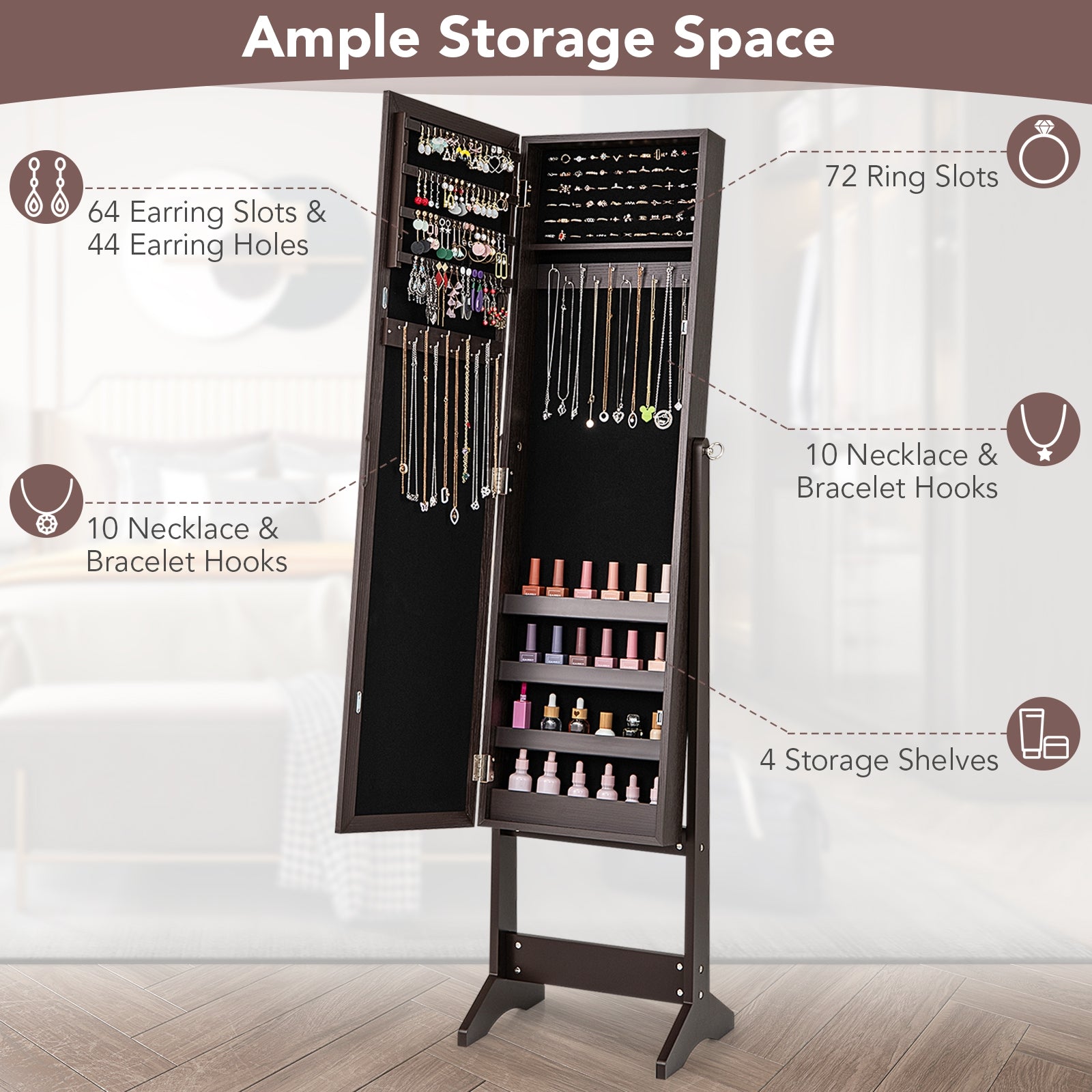 Mirrored Standing Jewelry Cabinet Storage Box-Rustic Brown