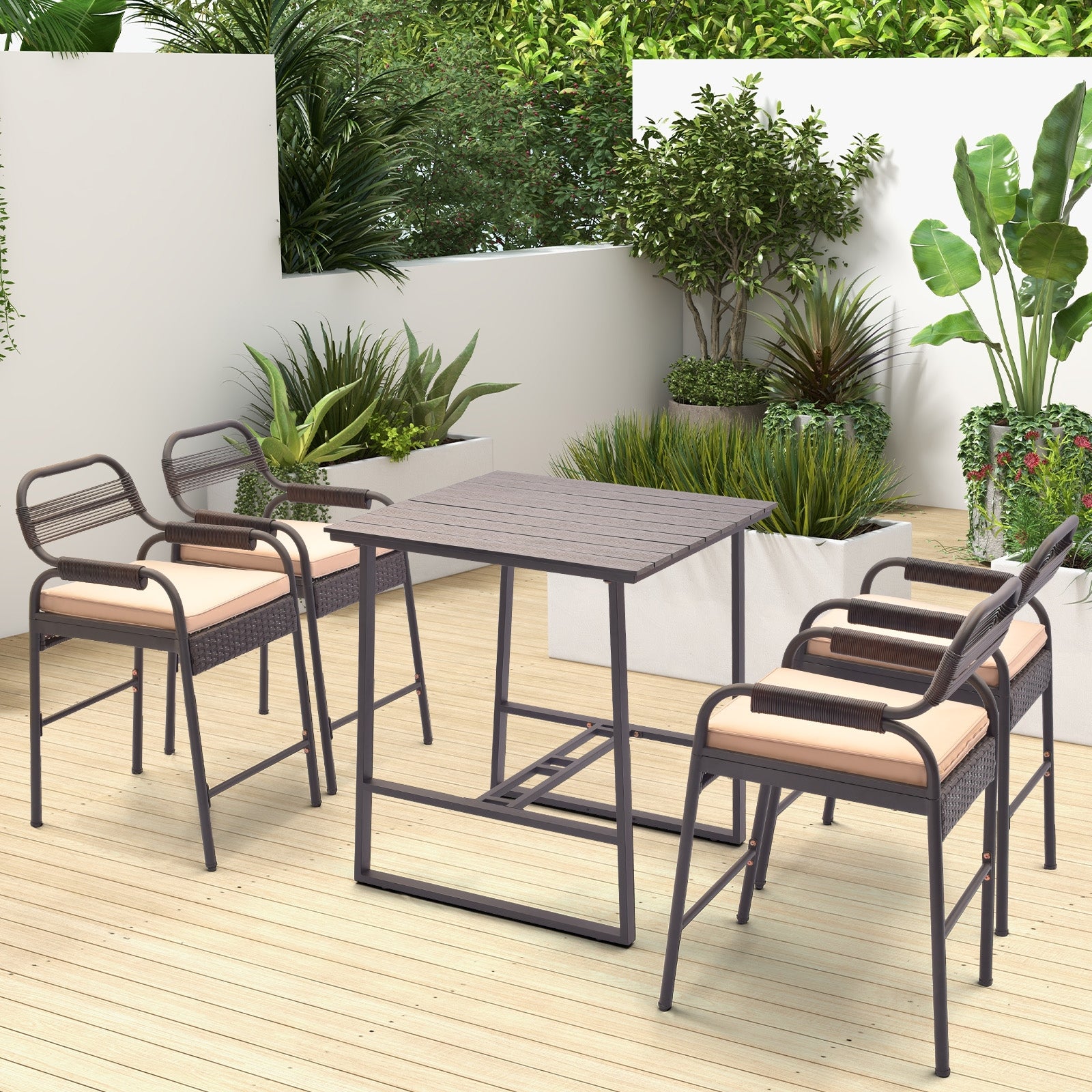 Ensemble de bar 5 pièces en rotin, avec 4 tabourets et une table en polywood - Marron