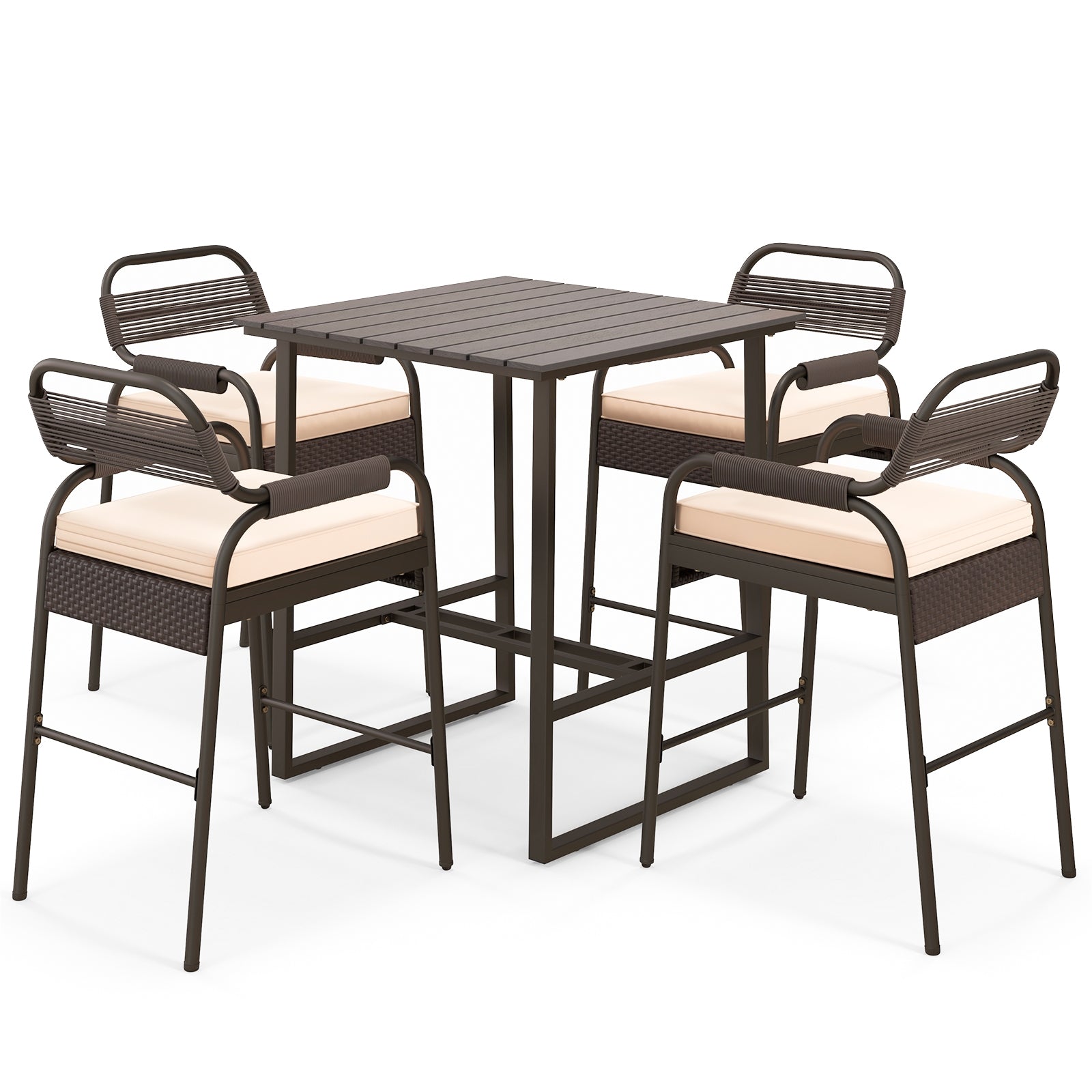 Ensemble de bar 5 pièces en rotin, avec 4 tabourets et une table en polywood - Marron