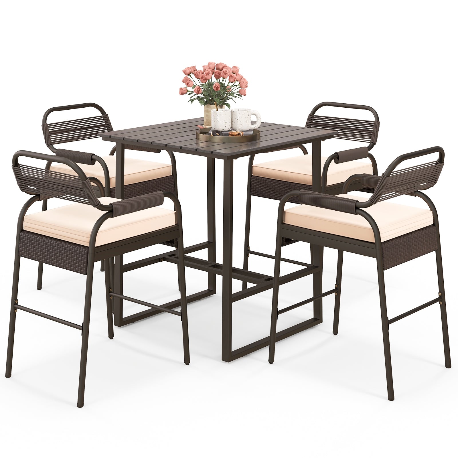 Ensemble de bar 5 pièces en rotin, avec 4 tabourets et une table en polywood - Marron