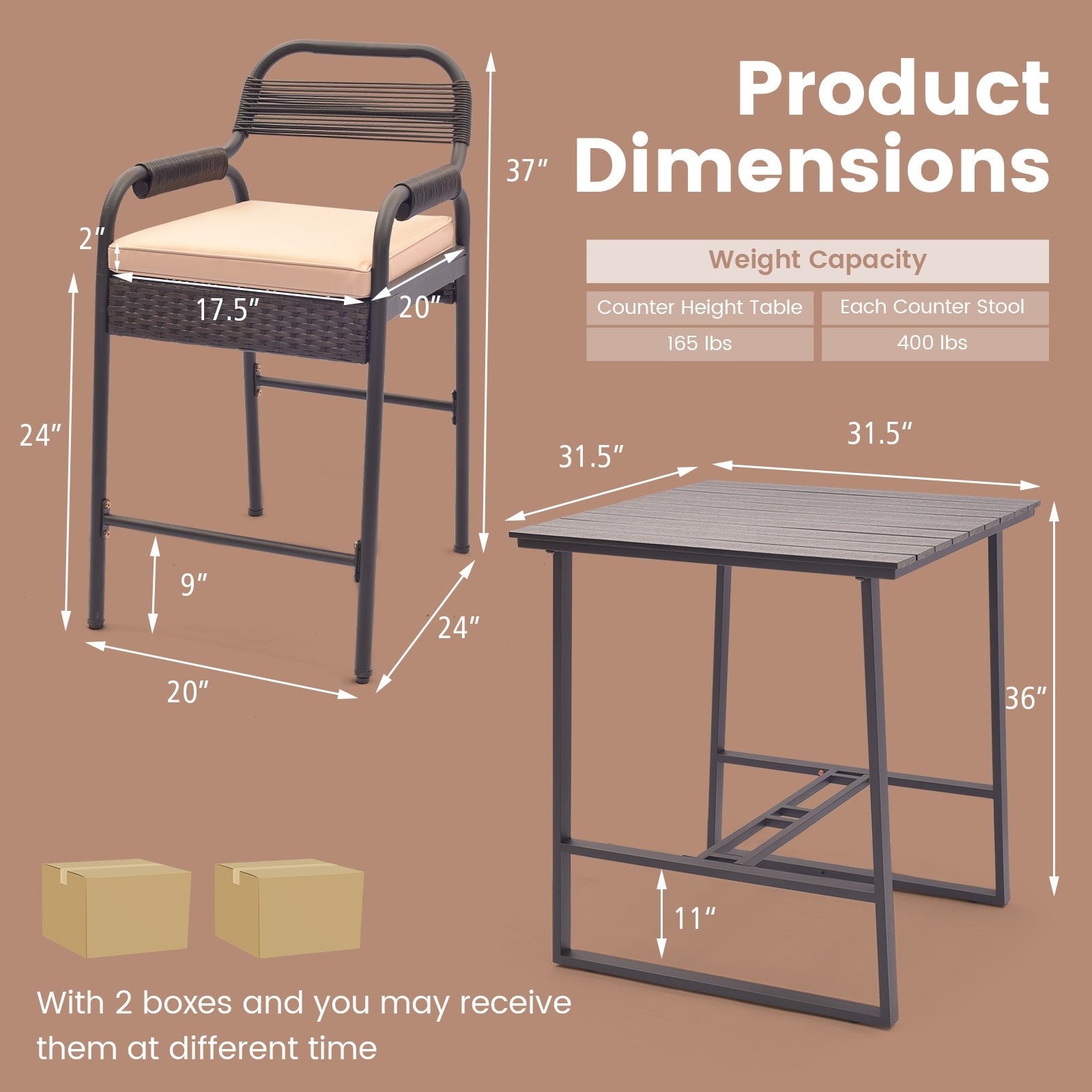 Ensemble de bar 5 pièces en rotin, avec 4 tabourets et une table en polywood - Marron