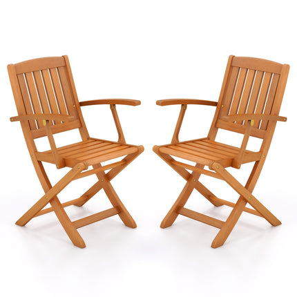 Patio Wood Folding Chair Set of 2 with Armrests and Slatted Seat