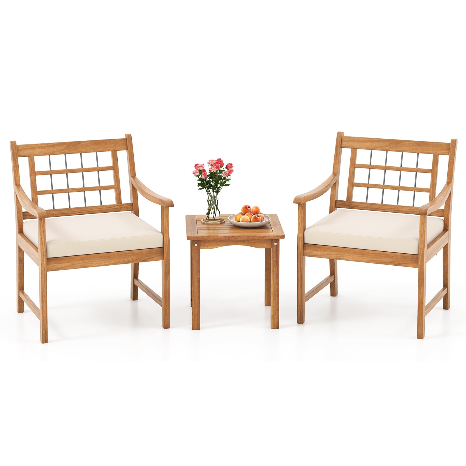 3 Piece Wood Patio Furniture Set with Seat Cushions and Acacia Wood Frame-White