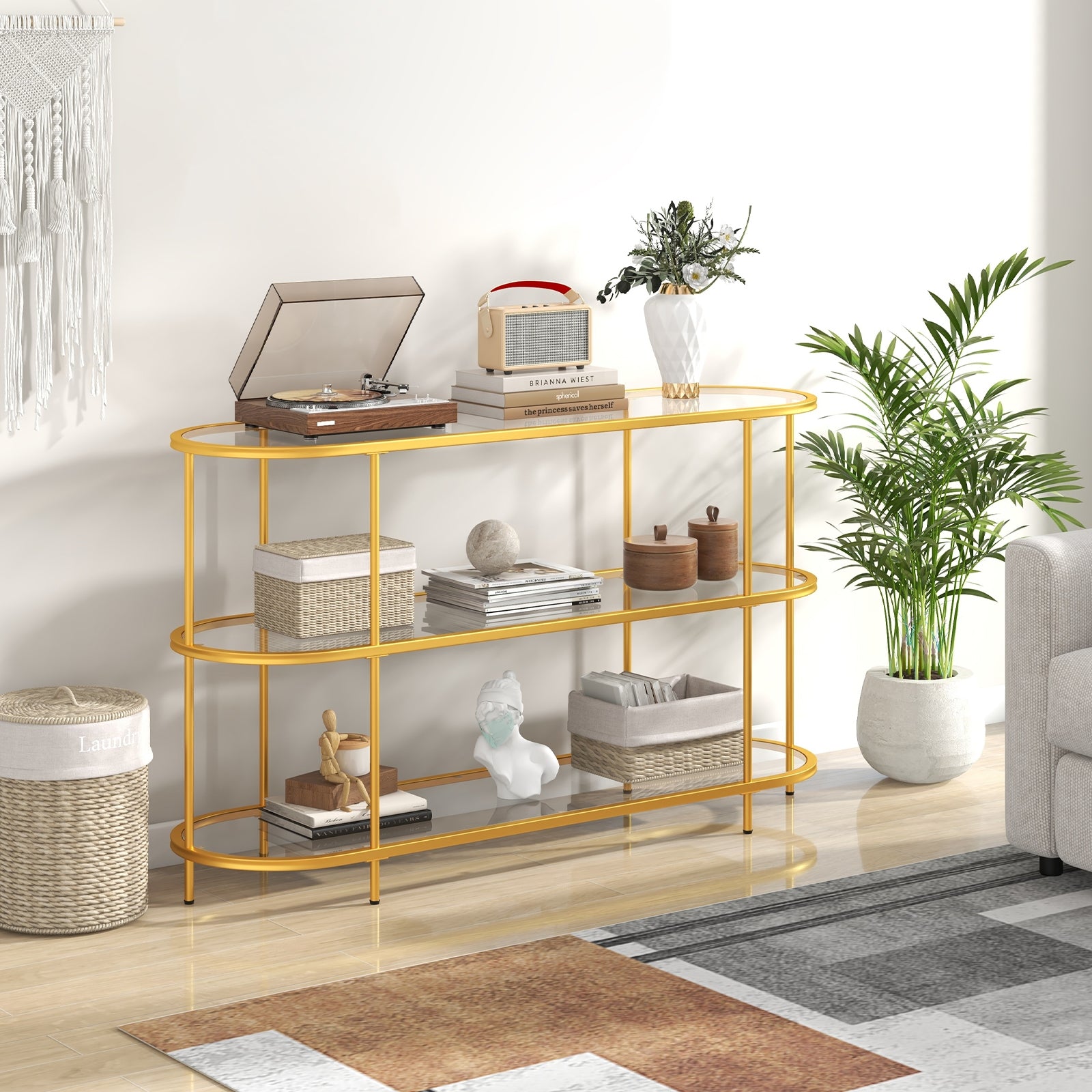 3 Tier TV Stand Console Table with Tempered Glass Shelves for Living Room-Golden