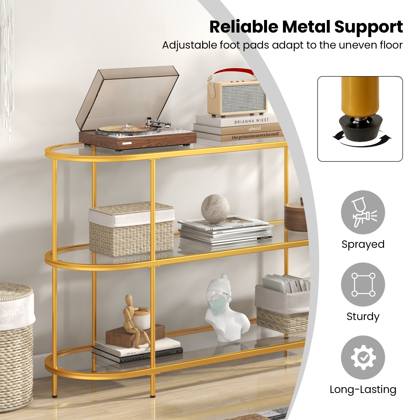 3 Tier TV Stand Console Table with Tempered Glass Shelves for Living Room-Golden