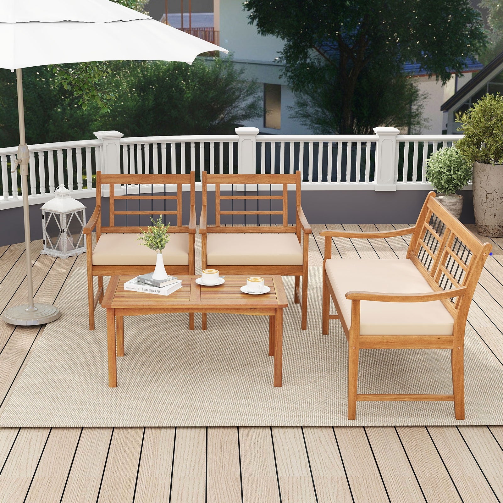 4 Piece Wood Patio Furniture with Armchairs Loveseat and Coffee Table-Off White