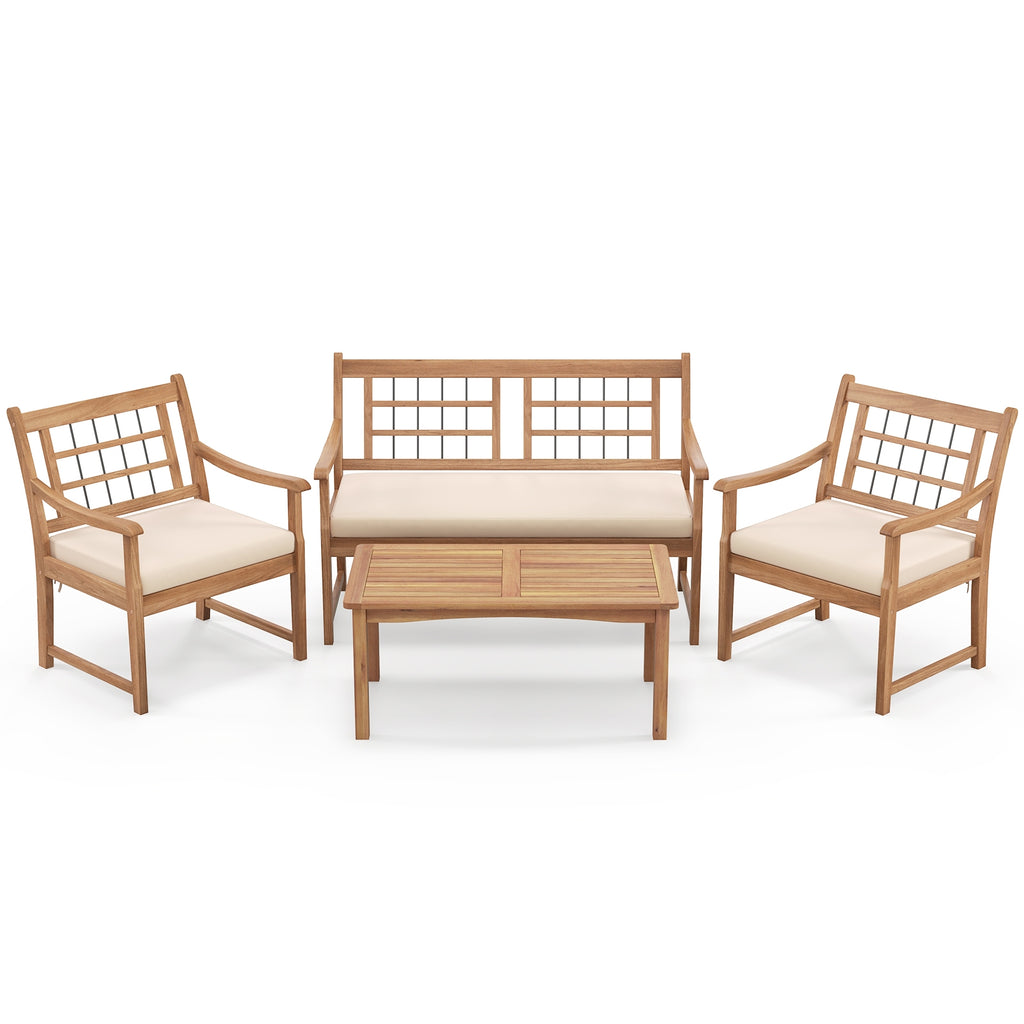 4 Piece Wood Patio Furniture with Armchairs Loveseat and Coffee Table-Off White