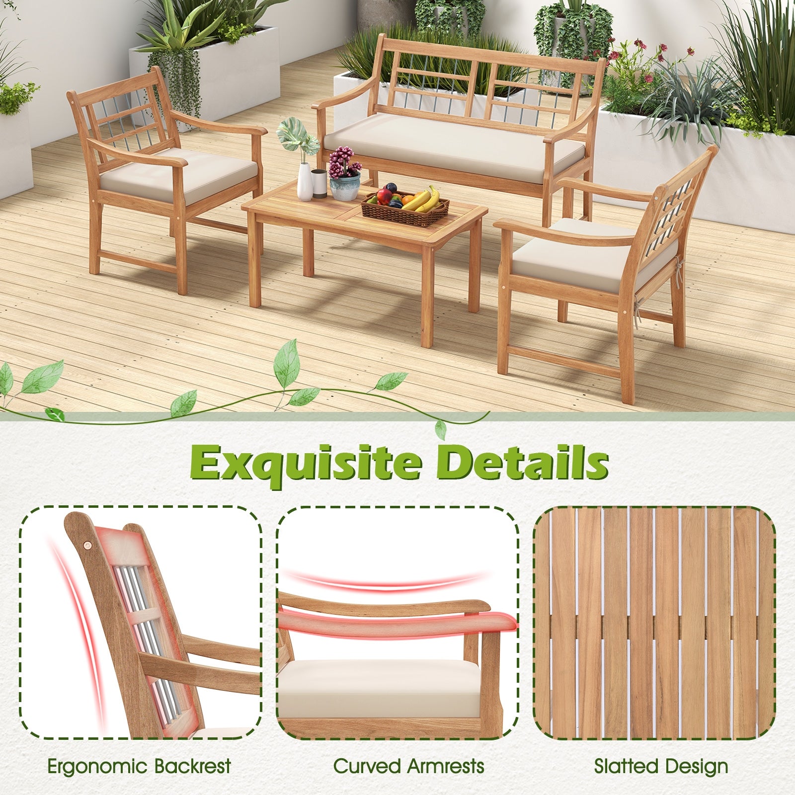 4 Piece Wood Patio Furniture with Armchairs Loveseat and Coffee Table-Off White