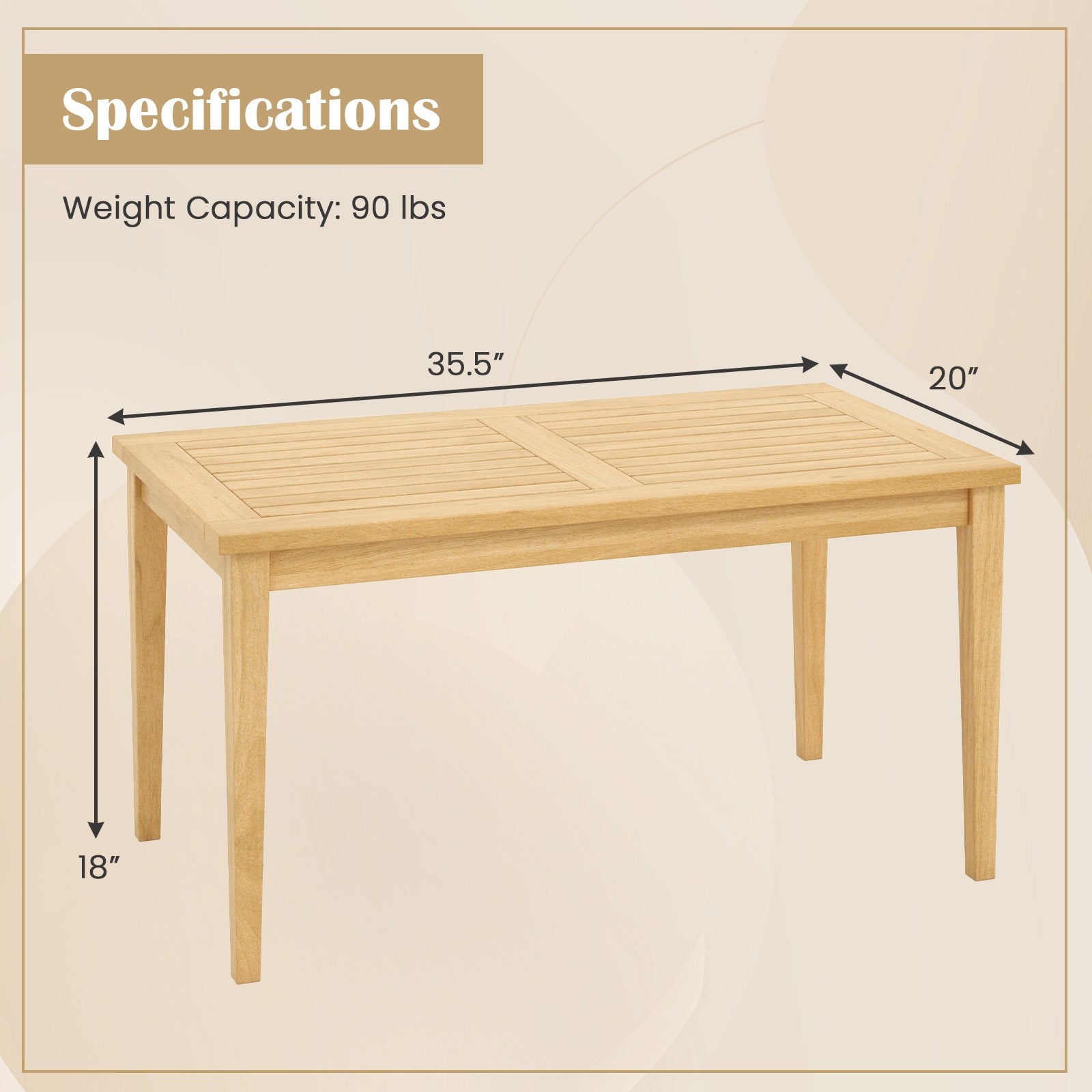 20 Inch x 35.5 Inch Outdoor Teak Wood Coffee Table with Slatted Tabletop for Balcony