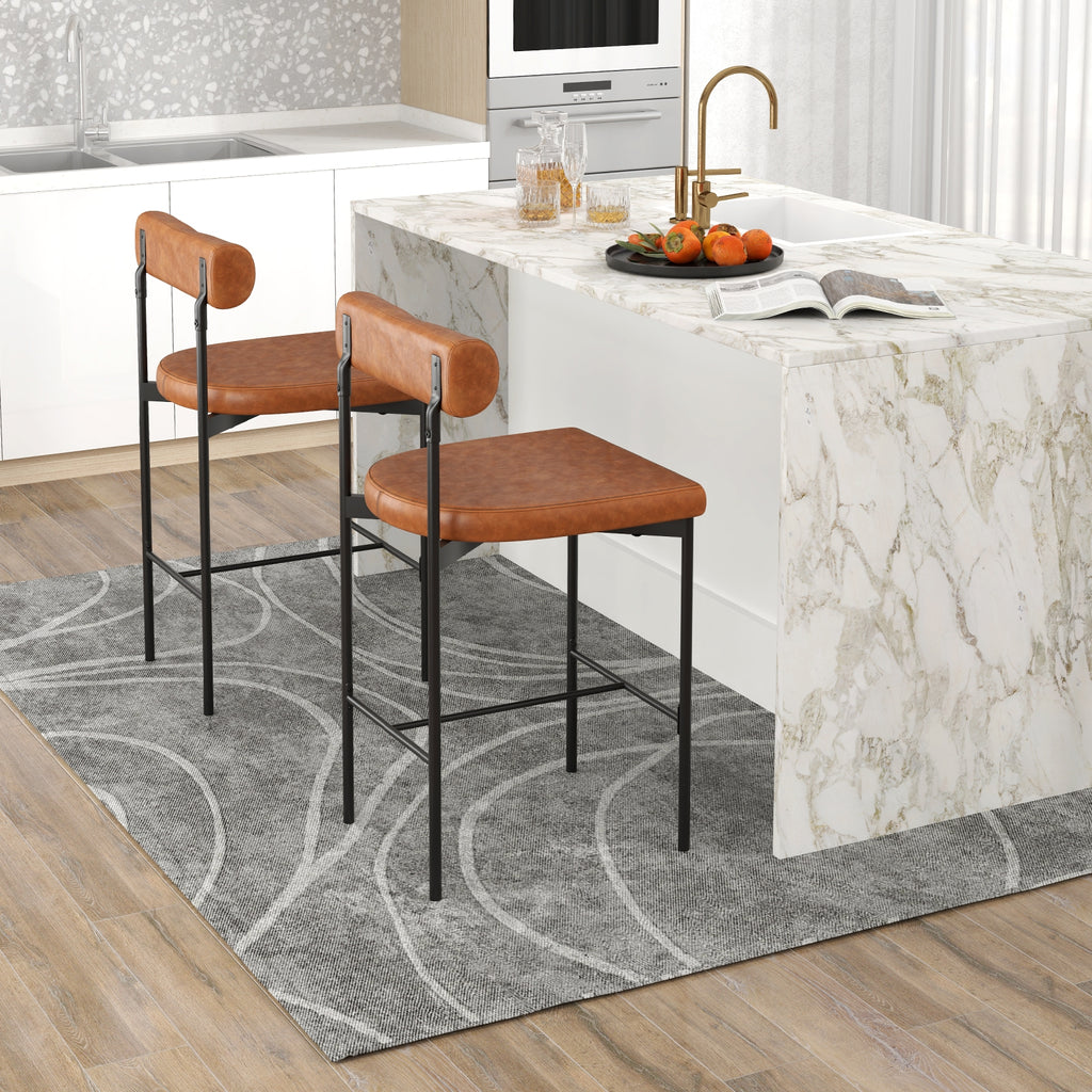 26 Inch Upholstered Bar Stools Set of 2 Counter Height Bar Chairs with  Backrest-Brown