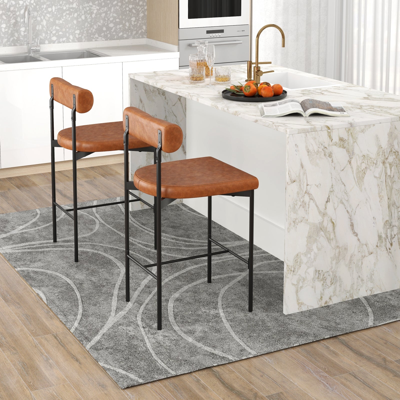 26 Inch Upholstered Bar Stools Set of 2 Counter Height Bar Chairs with  Backrest-Brown