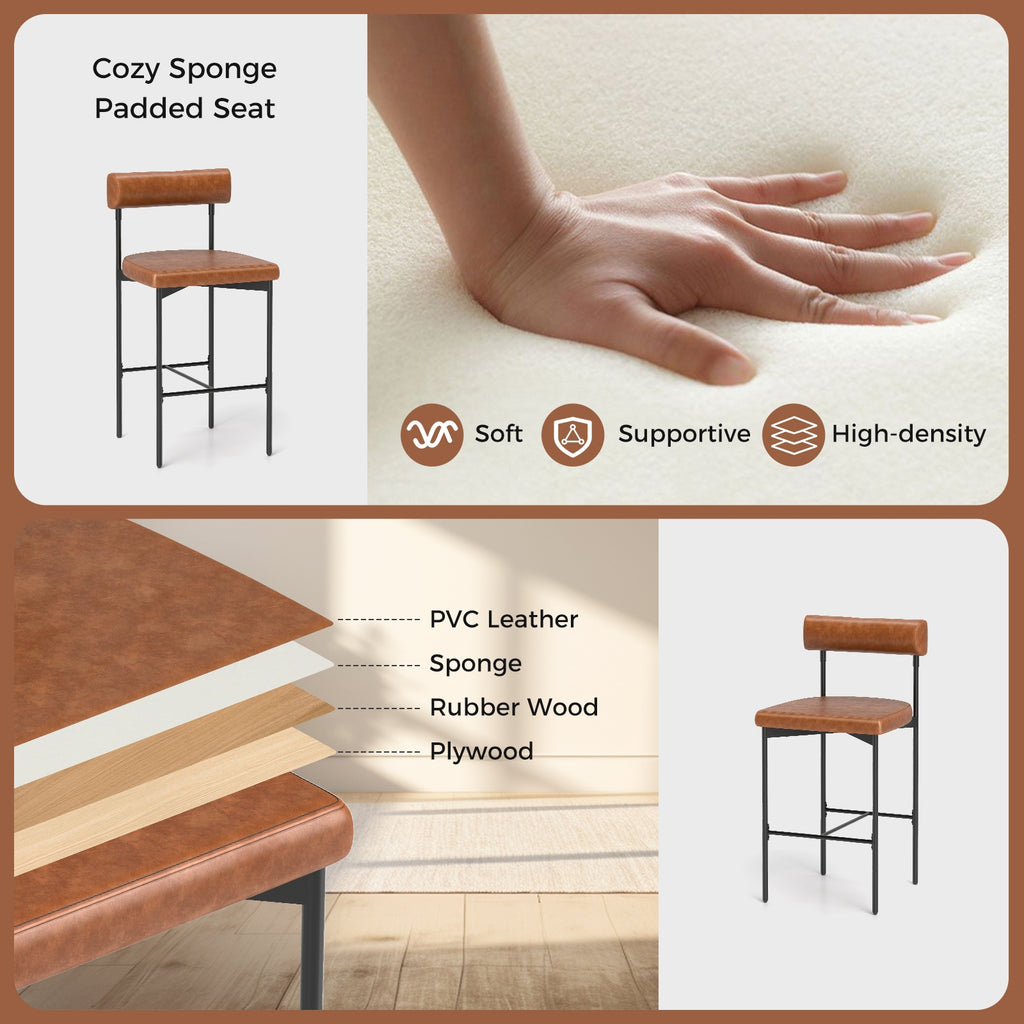 26 Inch Upholstered Bar Stools Set of 2 Counter Height Bar Chairs with  Backrest-Brown